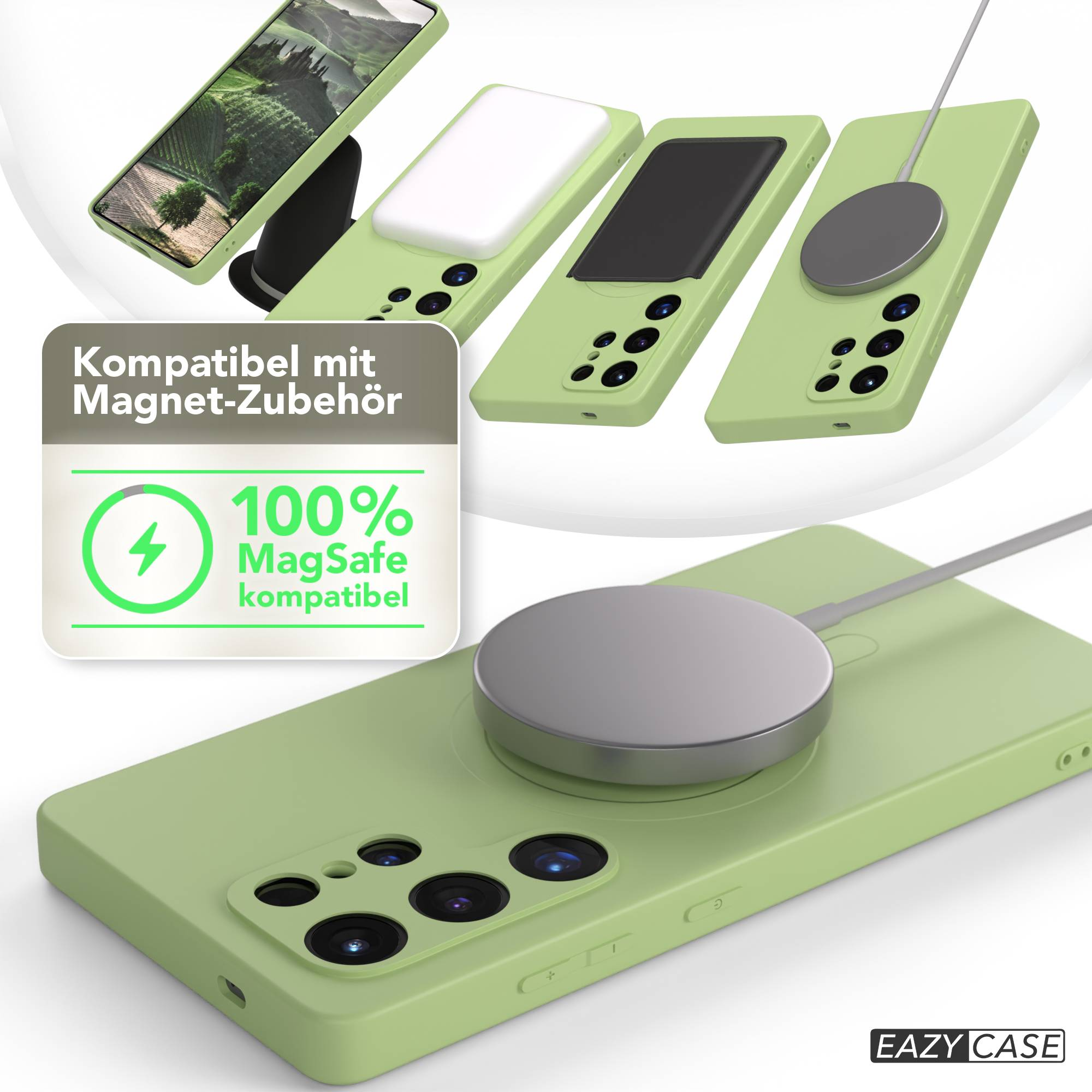 Das Bild zeigt mehrere grüne Handyhüllen mit Zubehör. Eine Hülle hat ein Ladegerät. Text lautet: MagSafe kompatibel.