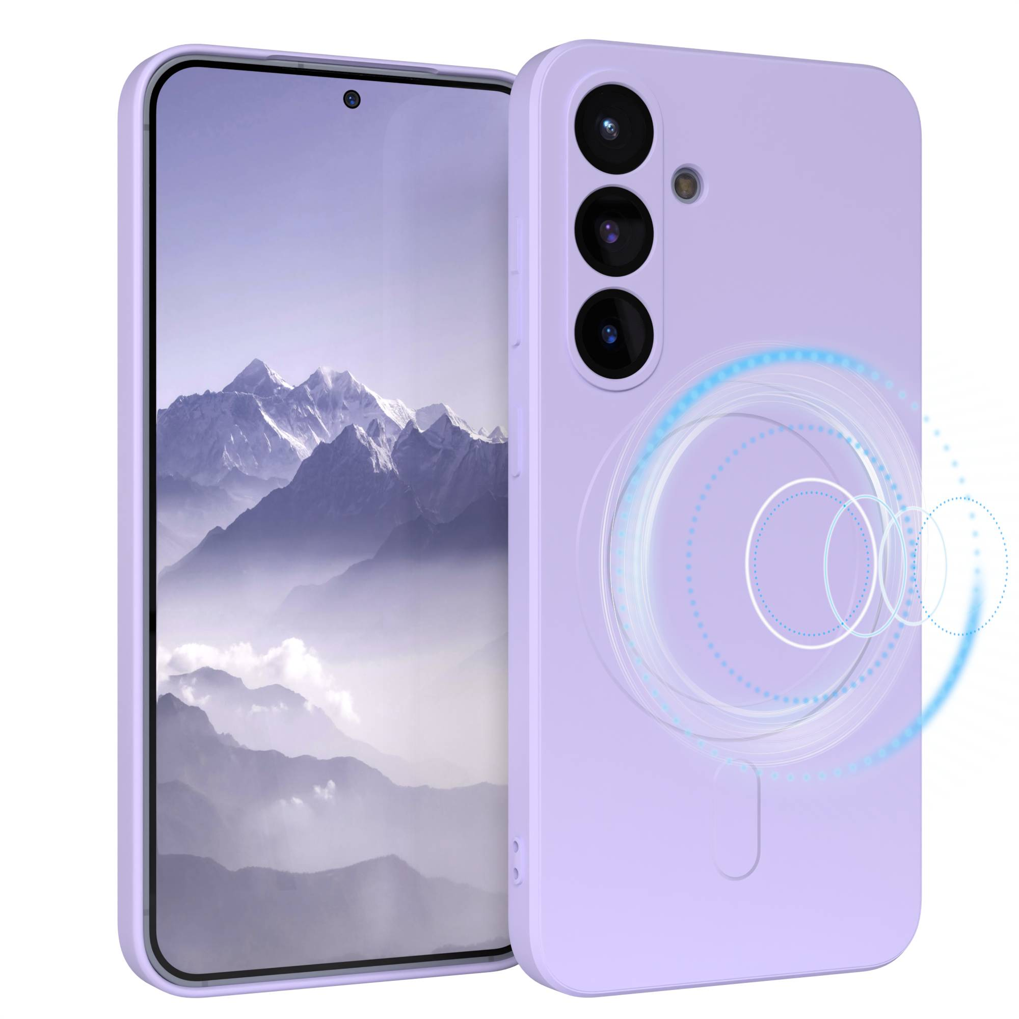 Eine lavendelfarbene Handyhülle mit einem Handy, das eine Berglandschaft zeigt. Die Hülle hat drei Kameralinsen und ein kreisförmiges Design.