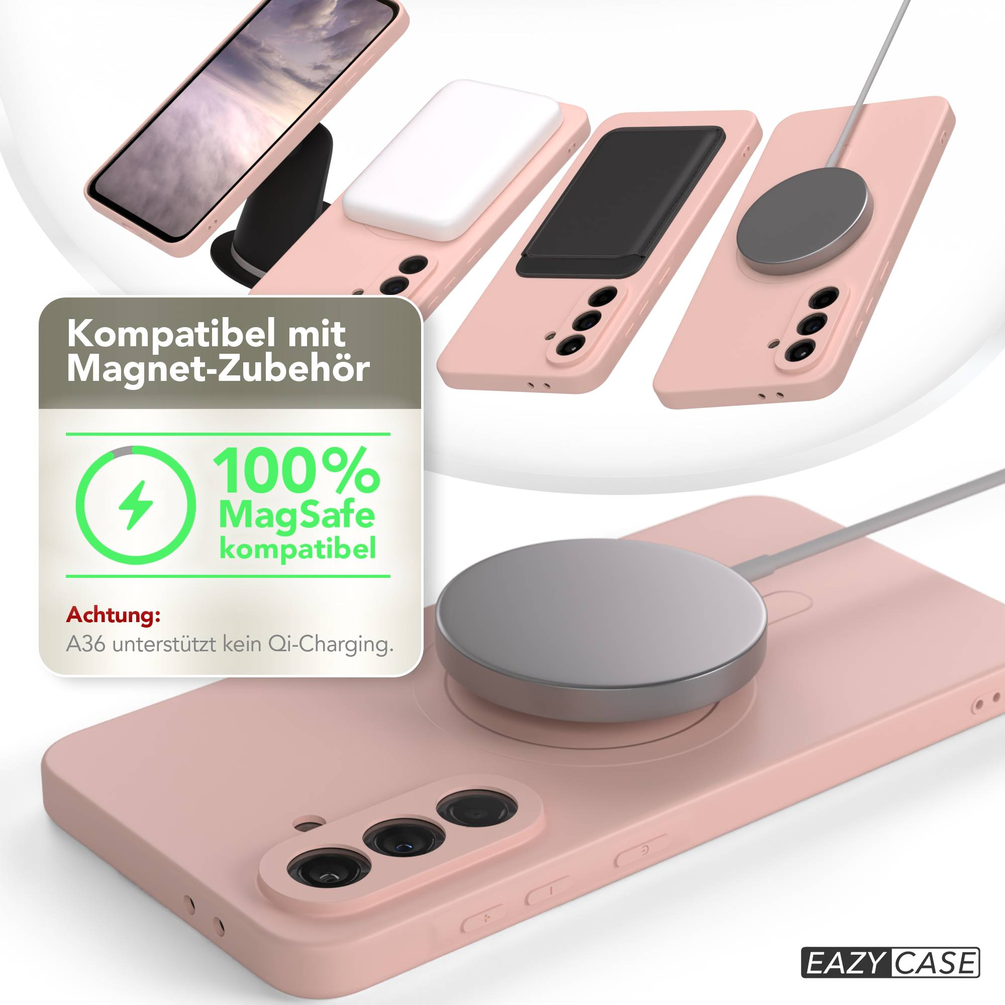 Rosa Handyhüllen und Zubehör, darunter ein Ladepad und ein Telefon, werden gezeigt. Text hebt MagSafe-Kompatibilität hervor.