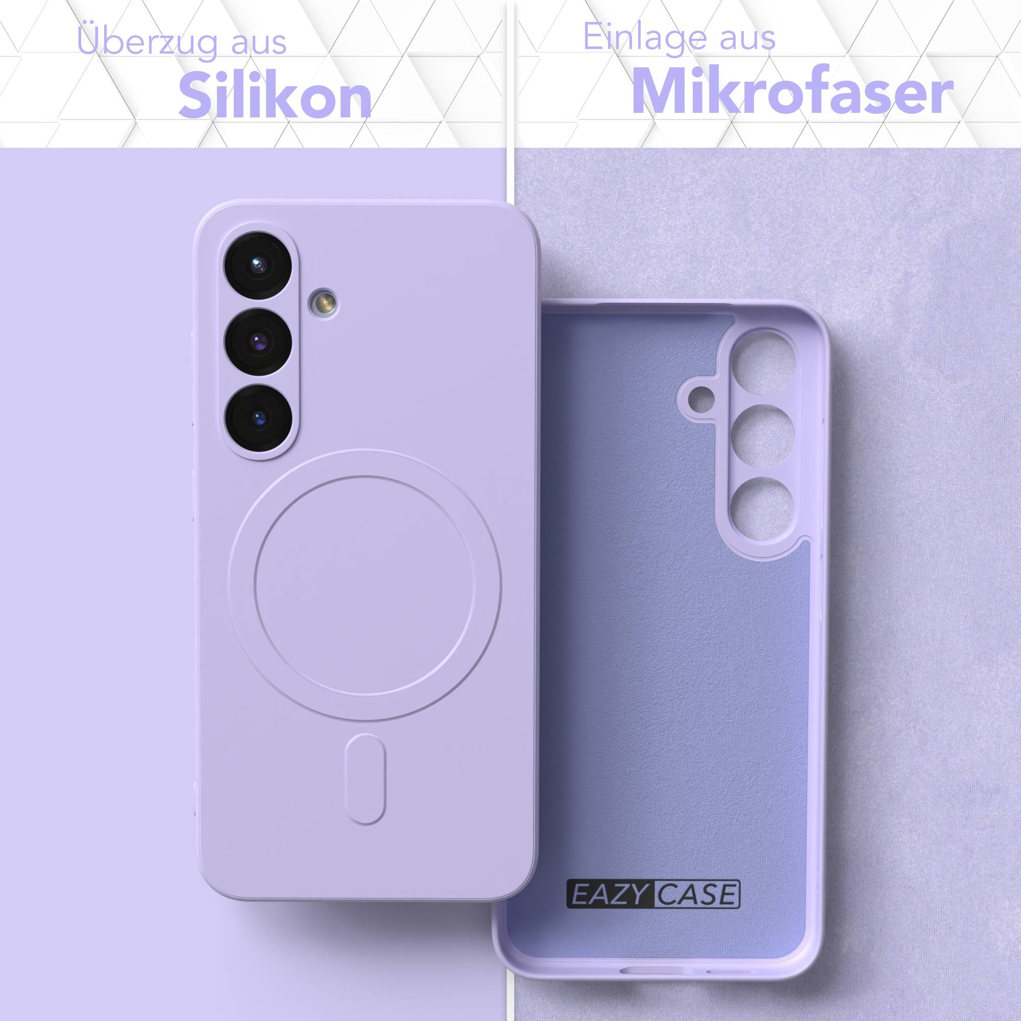 Eine offene, lavendelfarbene Handyhülle, die ein Mikrofaser-Interieur zeigt. Die Silikonhülle ist links, die Mikrofaser rechts.