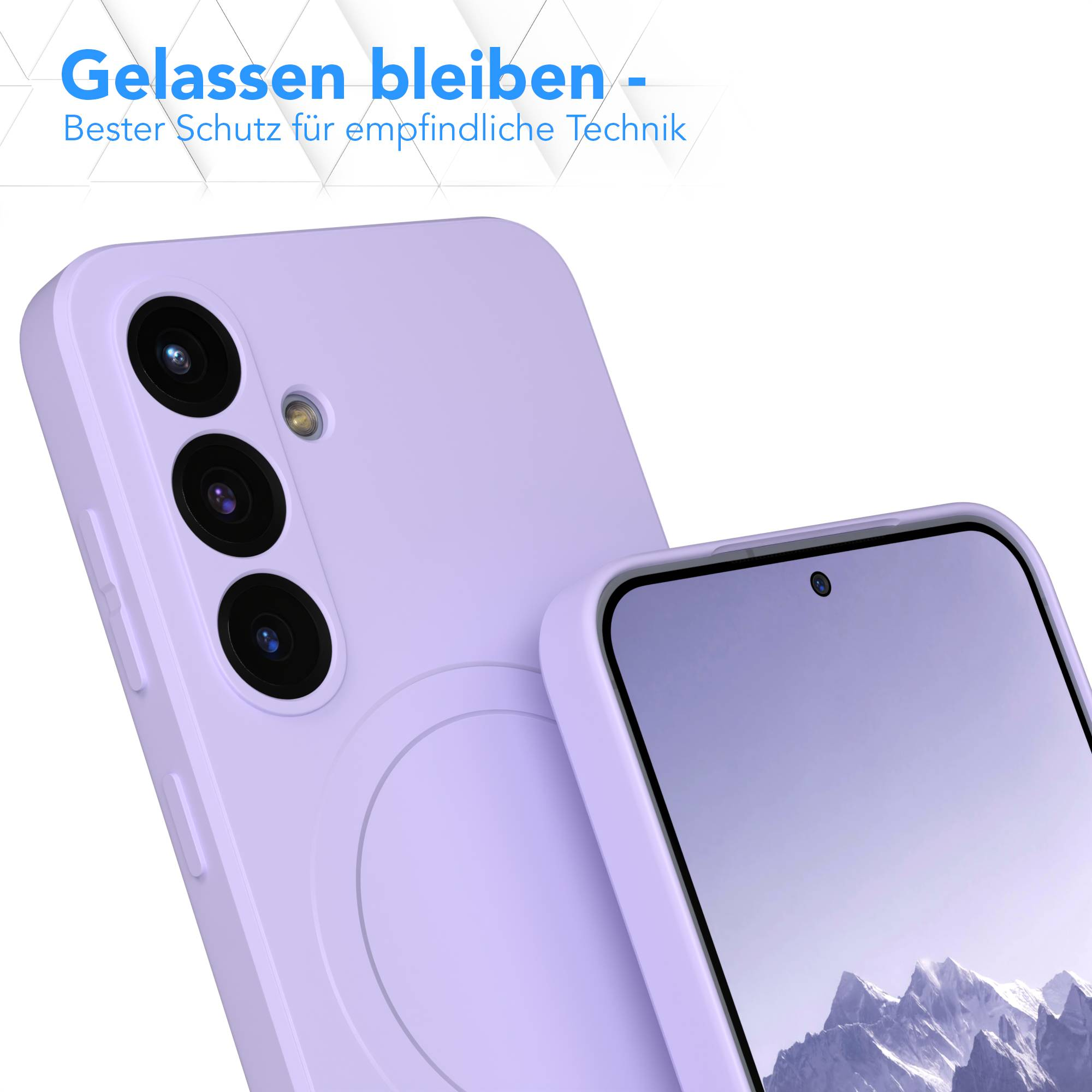 Gezeigte Handyhülle und Handy in hellem Lila. Der Bildschirm zeigt ein Gebirge. Text: 'Bester Schutz für empfindliche Technik'.