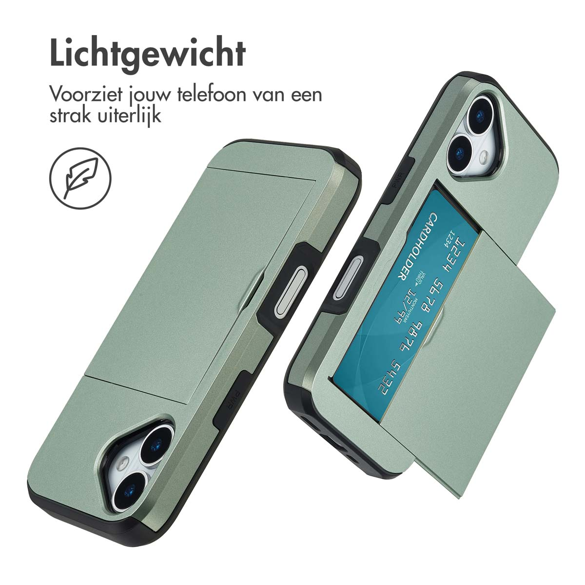 Een groene telefoonhoes met kaarthouder is open en toont een creditcard. Tekst: Lichtgewicht, Voorziet jouw telefoon van een strak uiterlijk.