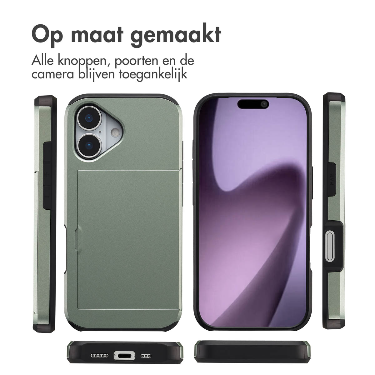 Telefoonhoes in meerdere weergaven. Het is groen, heeft een kaartsleuf en de camera van de telefoon is zichtbaar. Tekst: 'Op maat gemaakt'.