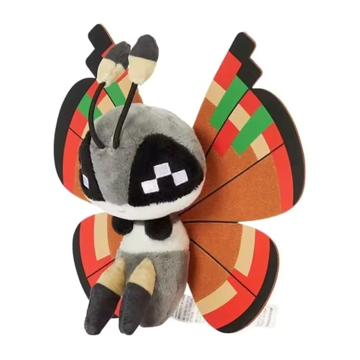 Ein Plüsch-Schmetterling mit grauen, schwarzen, orangefarbenen, roten und hellbraunen Farben. Es hat große Augen und detaillierte Flügel.