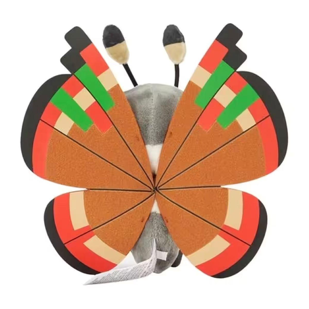 Ein Plüsch-Schmetterlingsspielzeug mit orangefarbenen Flügeln, schwarzen Rändern und roten, grünen und beigefarbenen Akzenten. Es hat einen grauen Körper und schwarze Antennen.