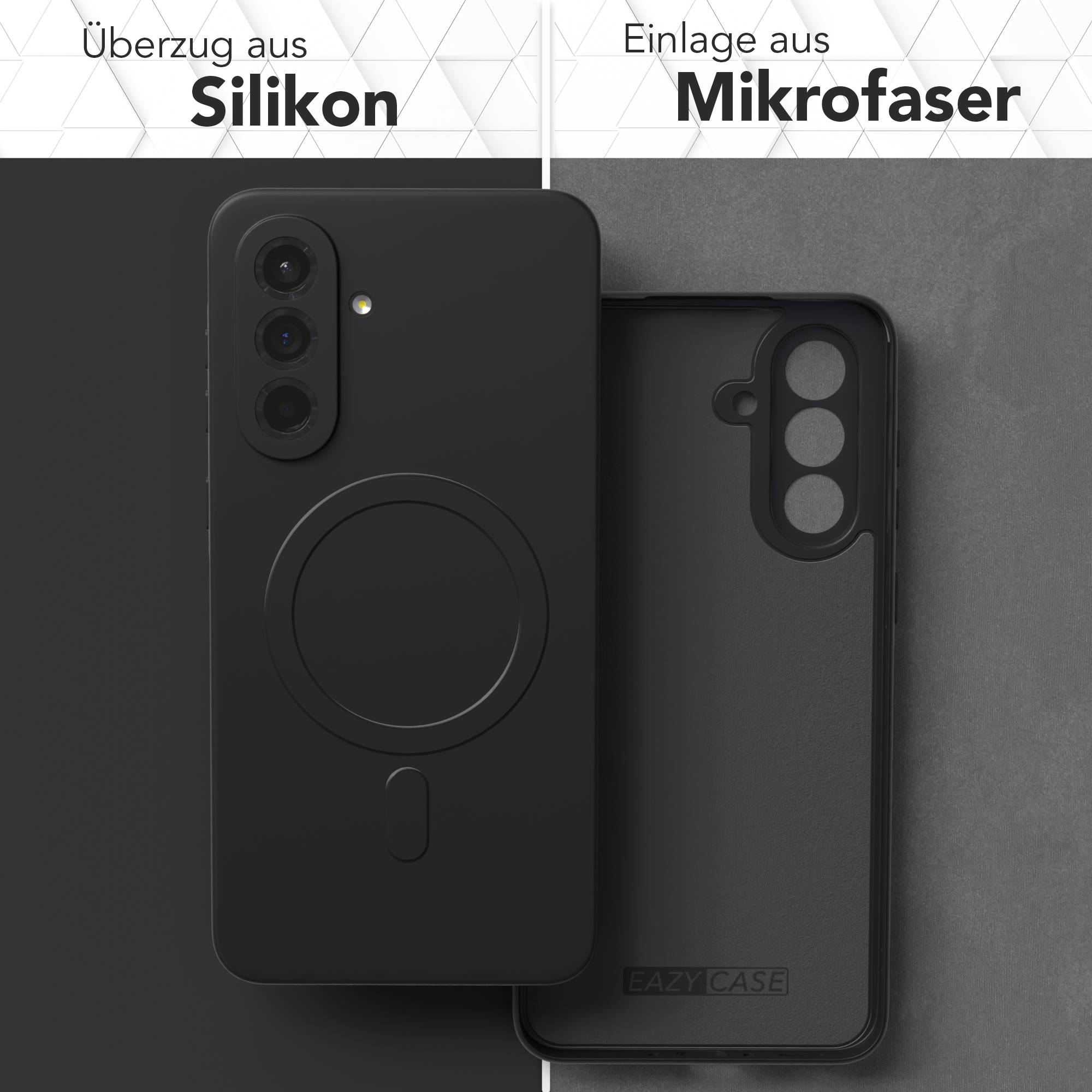 Schwarze Handyhülle mit Silikon außen und Mikrofaser innen. Die Hülle ist geteilt und zeigt Vorder- und Rückseite.