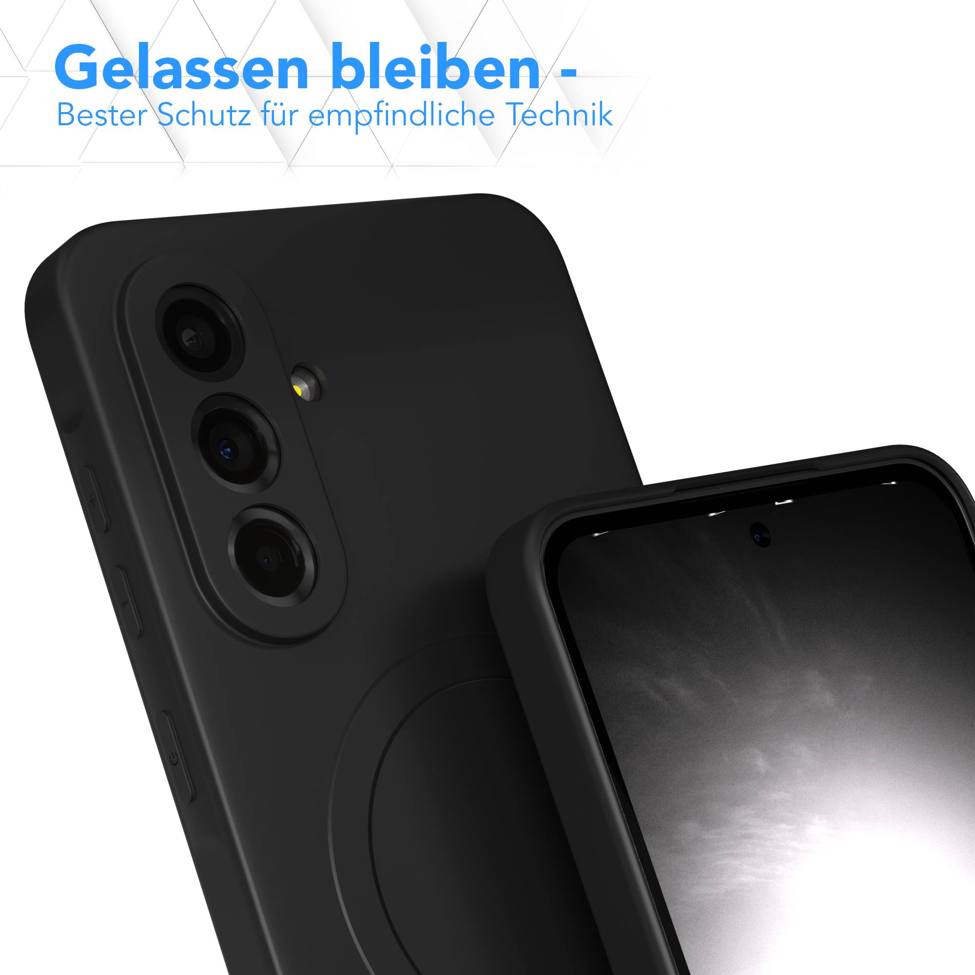 Schwarzes Smartphone mit Schutzhülle. Der Hintergrund zeigt blauen Text auf weißer Musterfläche.