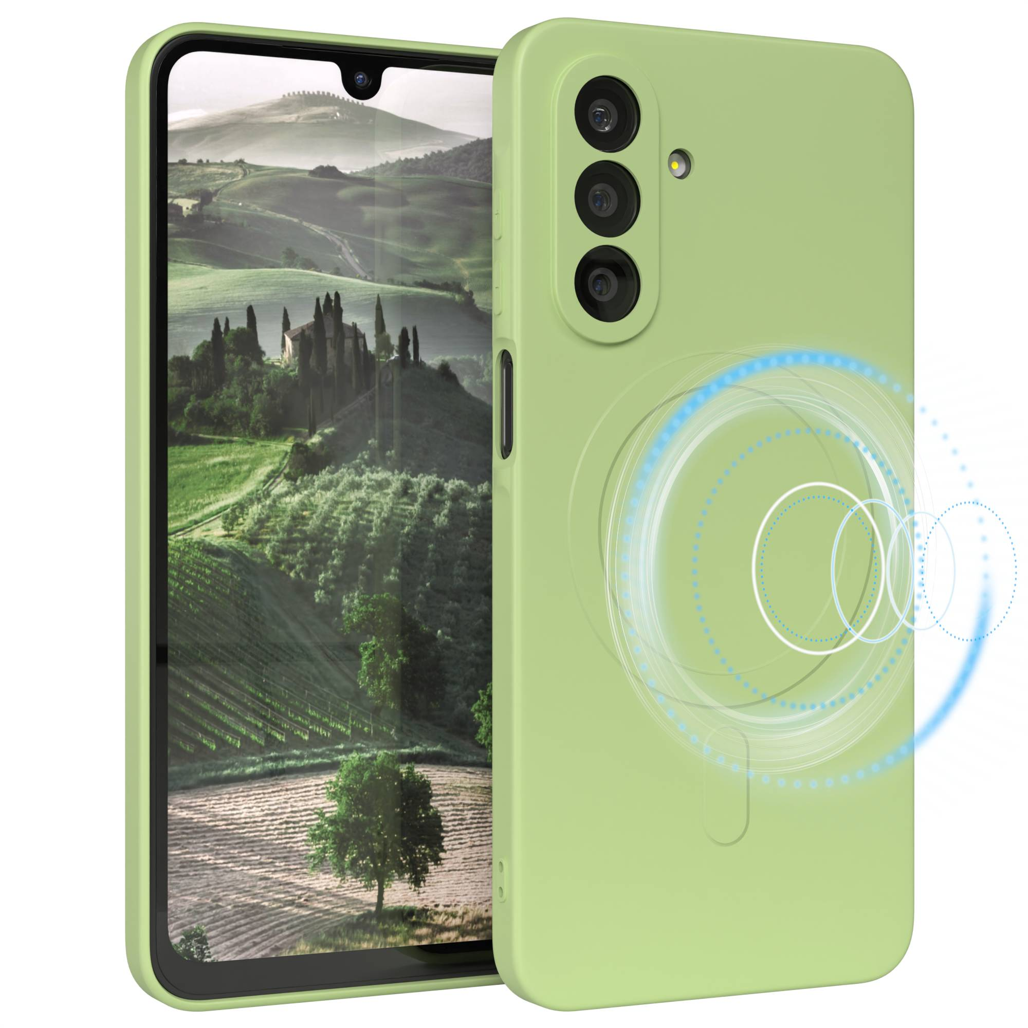 Eine grüne Handyhülle mit einem Telefon darin. Das Telefon zeigt eine Landschaft. Die Hülle hat ein einzigartiges Design.