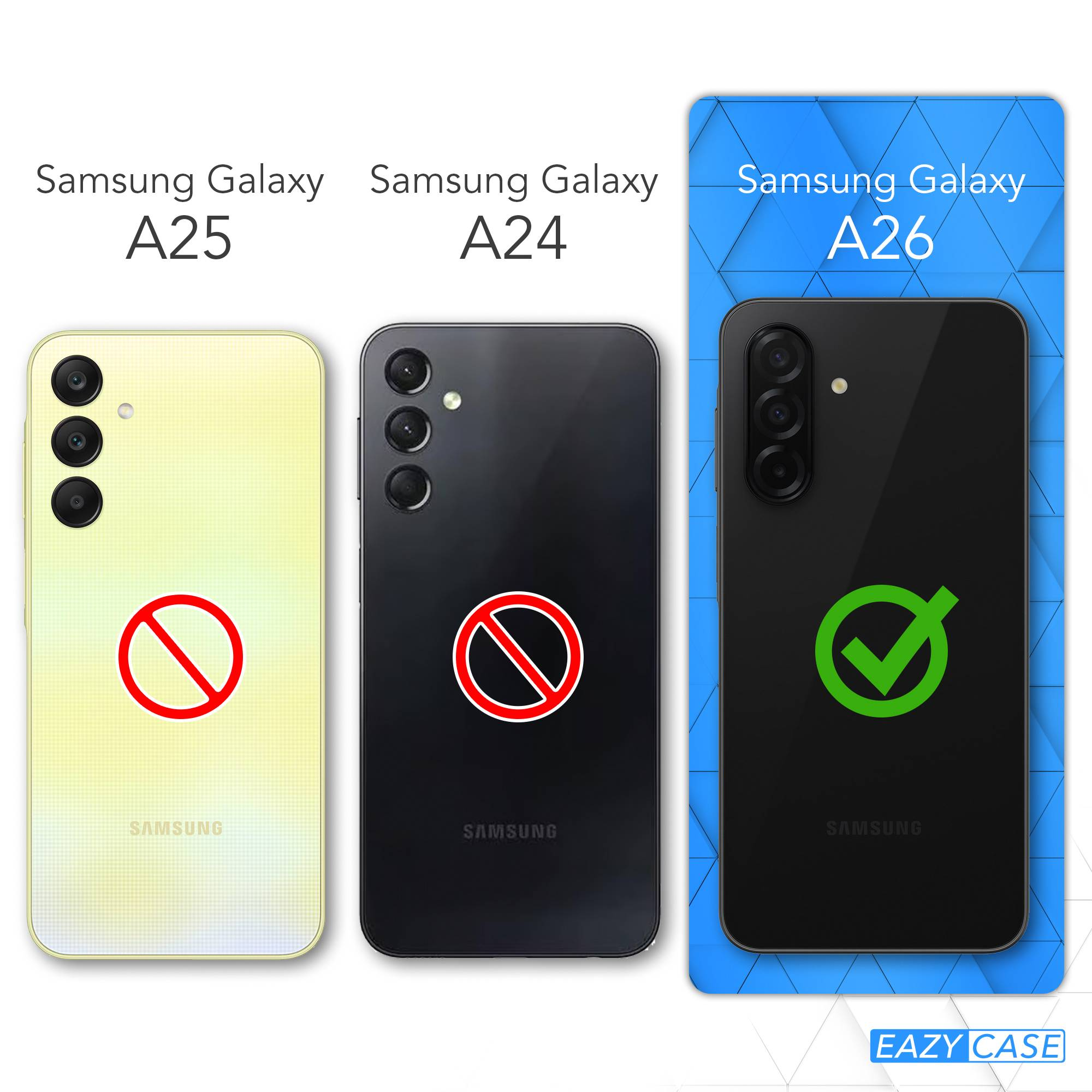 Das Bild zeigt drei Samsung Galaxy-Telefone (A25, A24, A26). A25 und A24 haben Verbotszeichen. A26 hat ein grünes Häkchen.