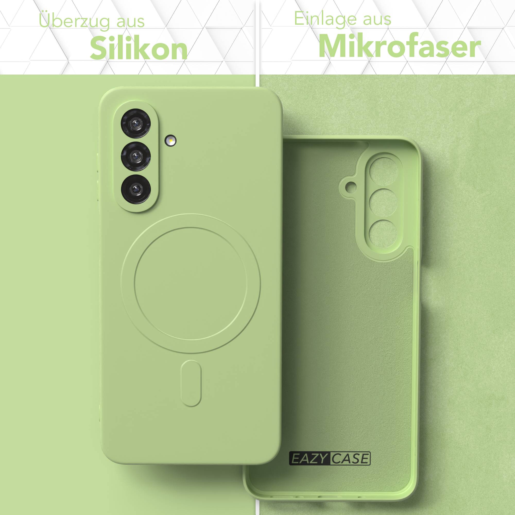 Eine grüne Handyhülle, geteilt, um Silikon- und Mikrofaser-Schichten zu zeigen. Text-Overlay sagt 'Silikon' und 'Mikrofaser'.