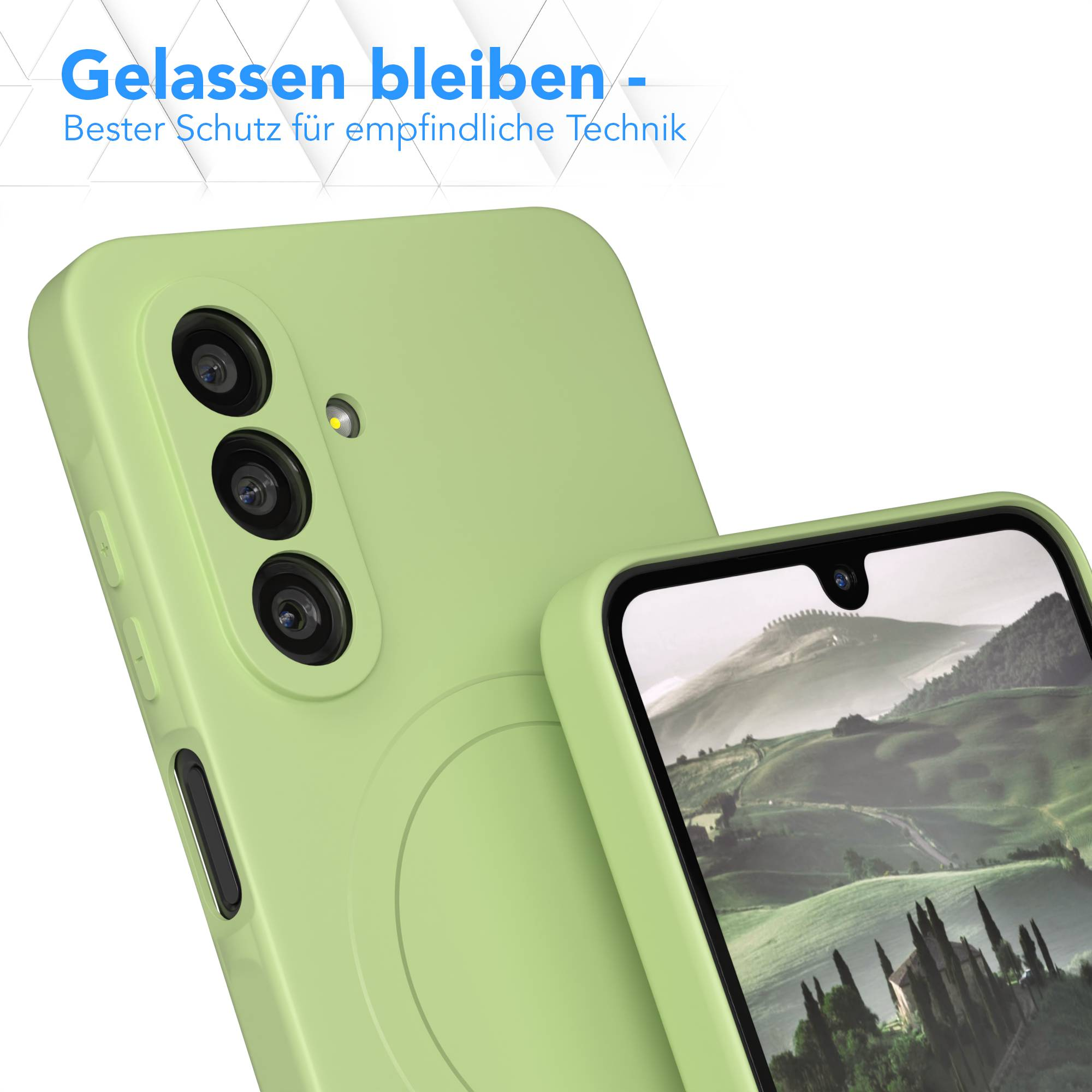 Eine grüne Handyhülle mit einem Telefon darin, das eine Landschaftsszene zeigt. Oben steht 'Gelassen bleiben'.