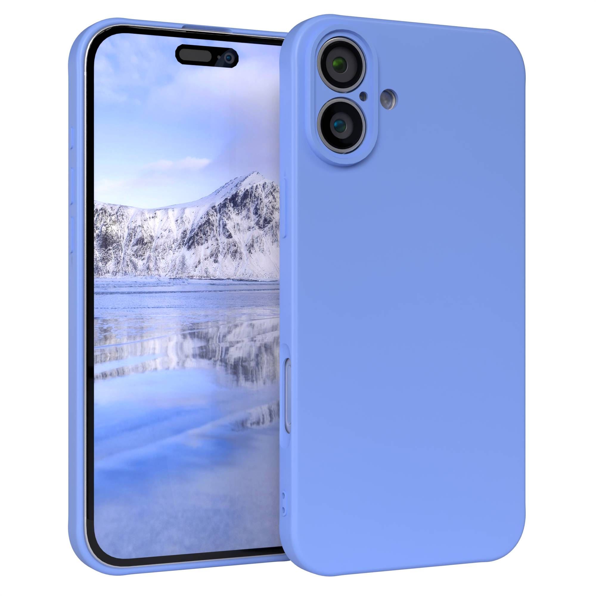 Eine hellblaue Handyhülle neben einem Handy, das eine schneebedeckte Berglandschaft und blauen Himmel zeigt.