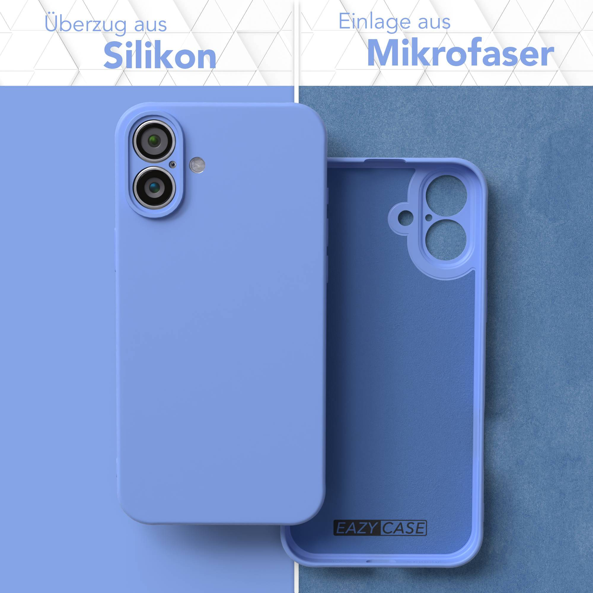 Eine blaue Handyhülle, die innen und außen zeigt. Die Außenseite ist aus Silikon, die Innenseite aus Mikrofaser. Die Marke ist EAZY CASE.