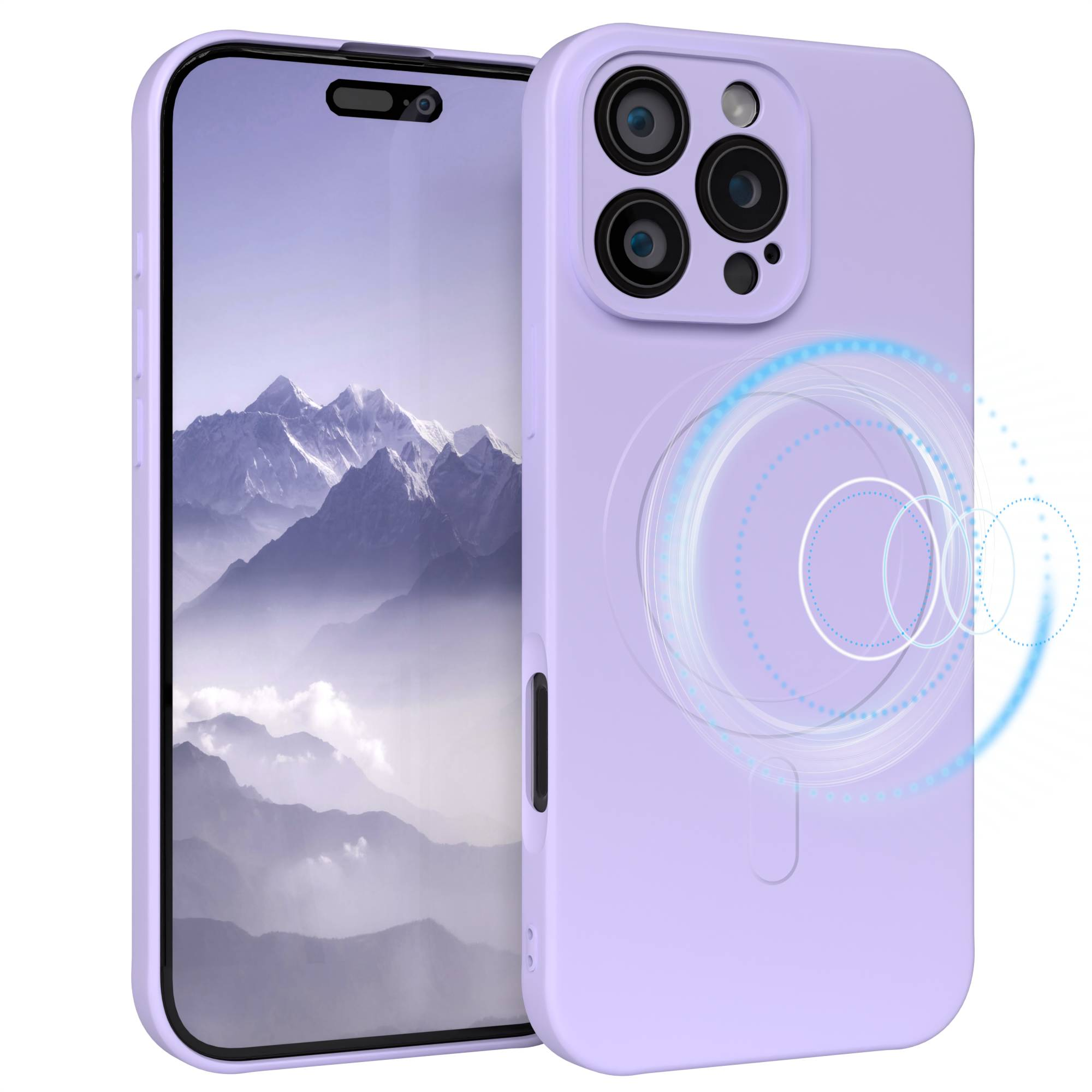 Eine hellviolette Handyhülle neben einem Handy mit einer Berglandschaft auf dem Bildschirm. Die Hülle hat mehrere Kameralinsen.