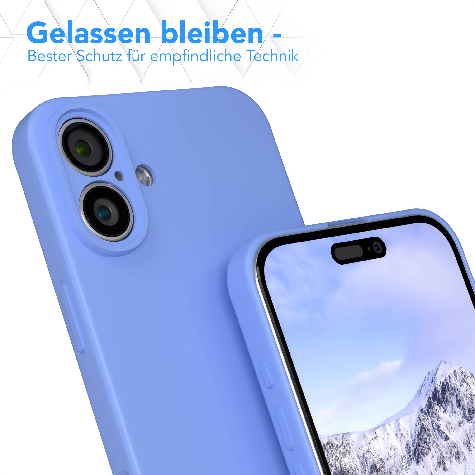 Eine hellblaue Handyhülle neben einem Handy mit einer Berglandschaft auf dem Bildschirm, Text auf Deutsch.