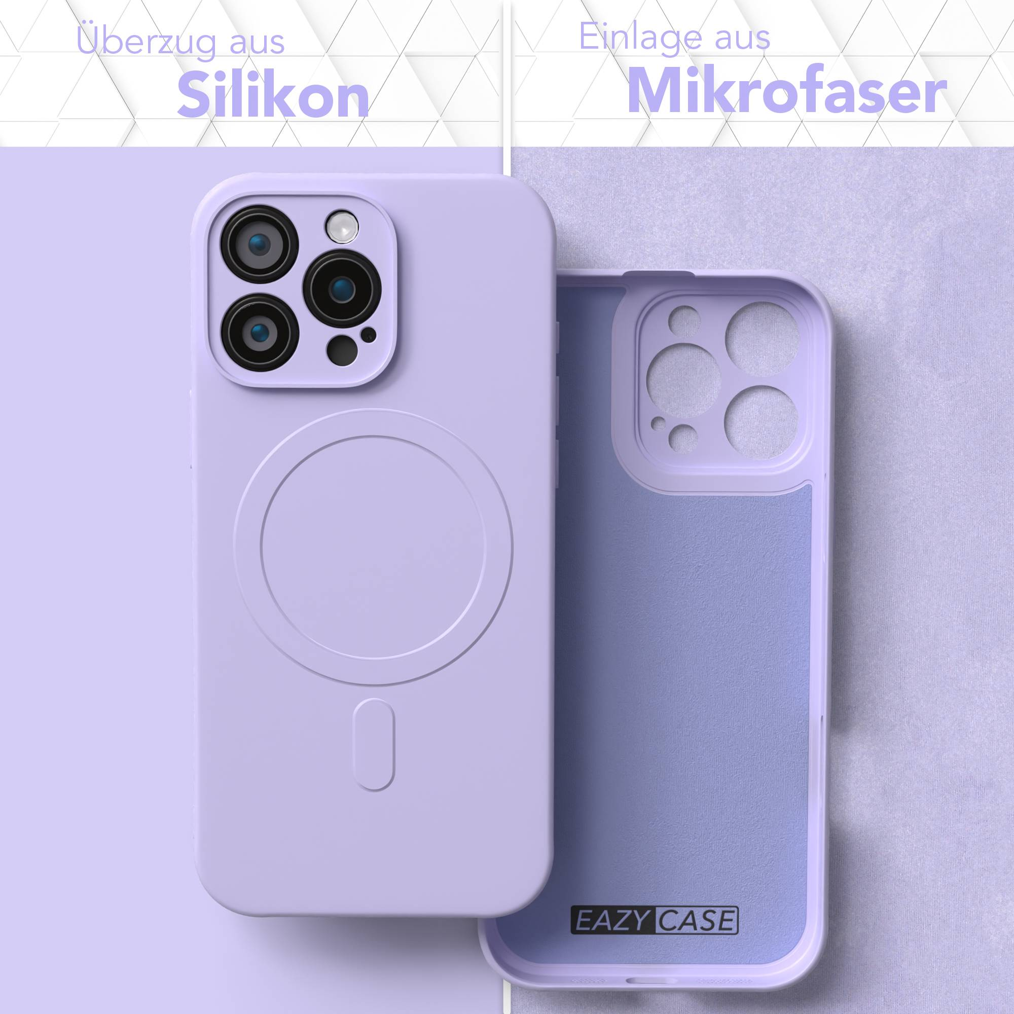Eine hellviolette Handyhülle mit einem Telefon darin. Die Hülle ist geöffnet und zeigt das Innere. Text auf Deutsch.