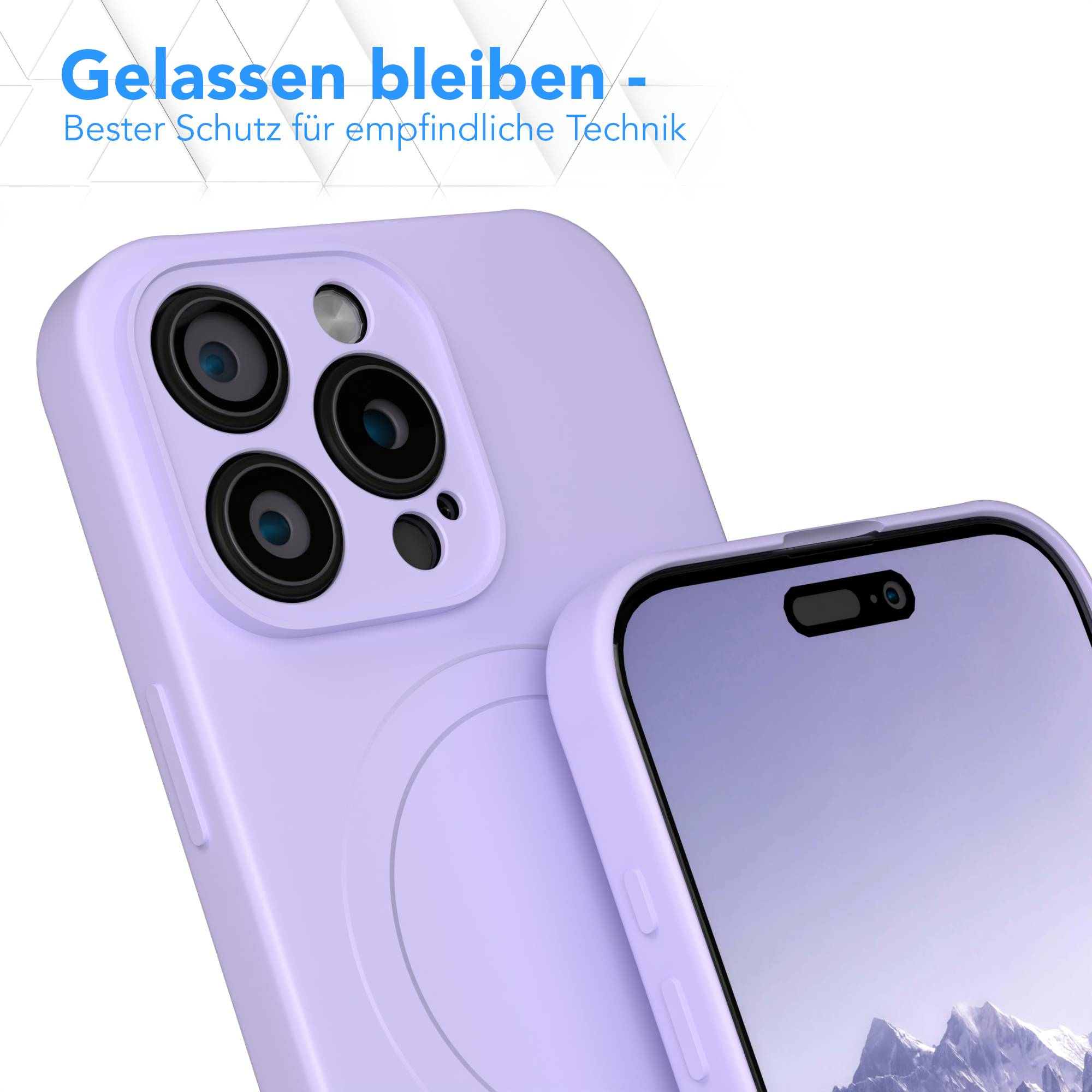 Eine lila Handyhülle mit einem Telefon darin. Die Hülle hat Kameralöcher und einen Bildschirm. Der Hintergrund ist weiß.