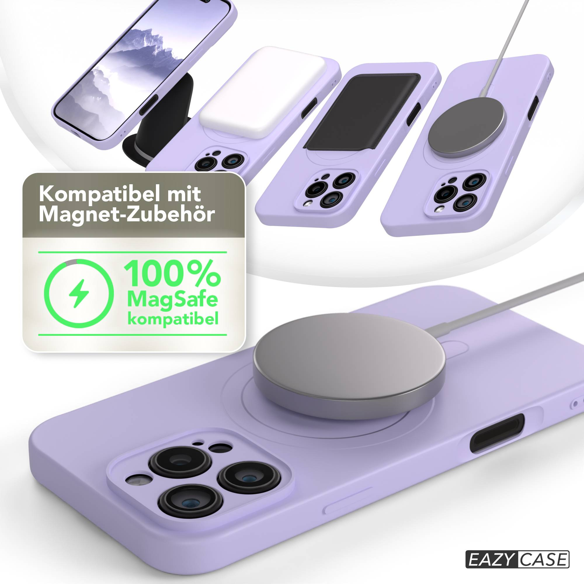 Mehrere lilafarbene iPhone-Hüllen mit MagSafe-Ladegeräten werden angezeigt. Eine grüne Grafik zeigt die Kompatibilität an. Der Markenname ist EAZY CASE.