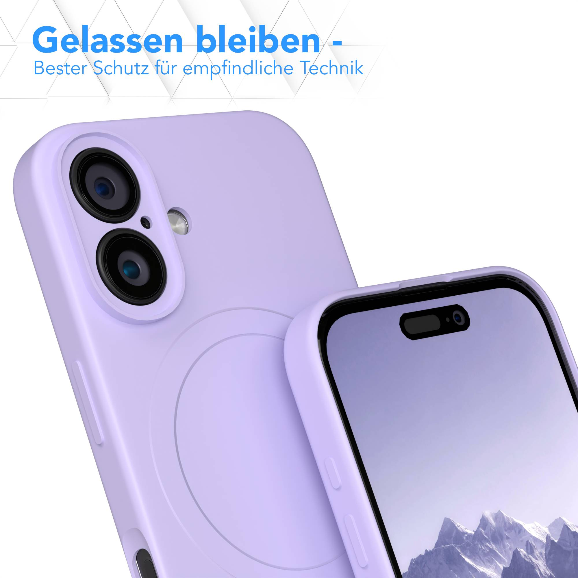 Ein lila Handycase und ein Telefon sind abgebildet. Das Telefon zeigt ein Gebirge. Der Hintergrund ist weiß.