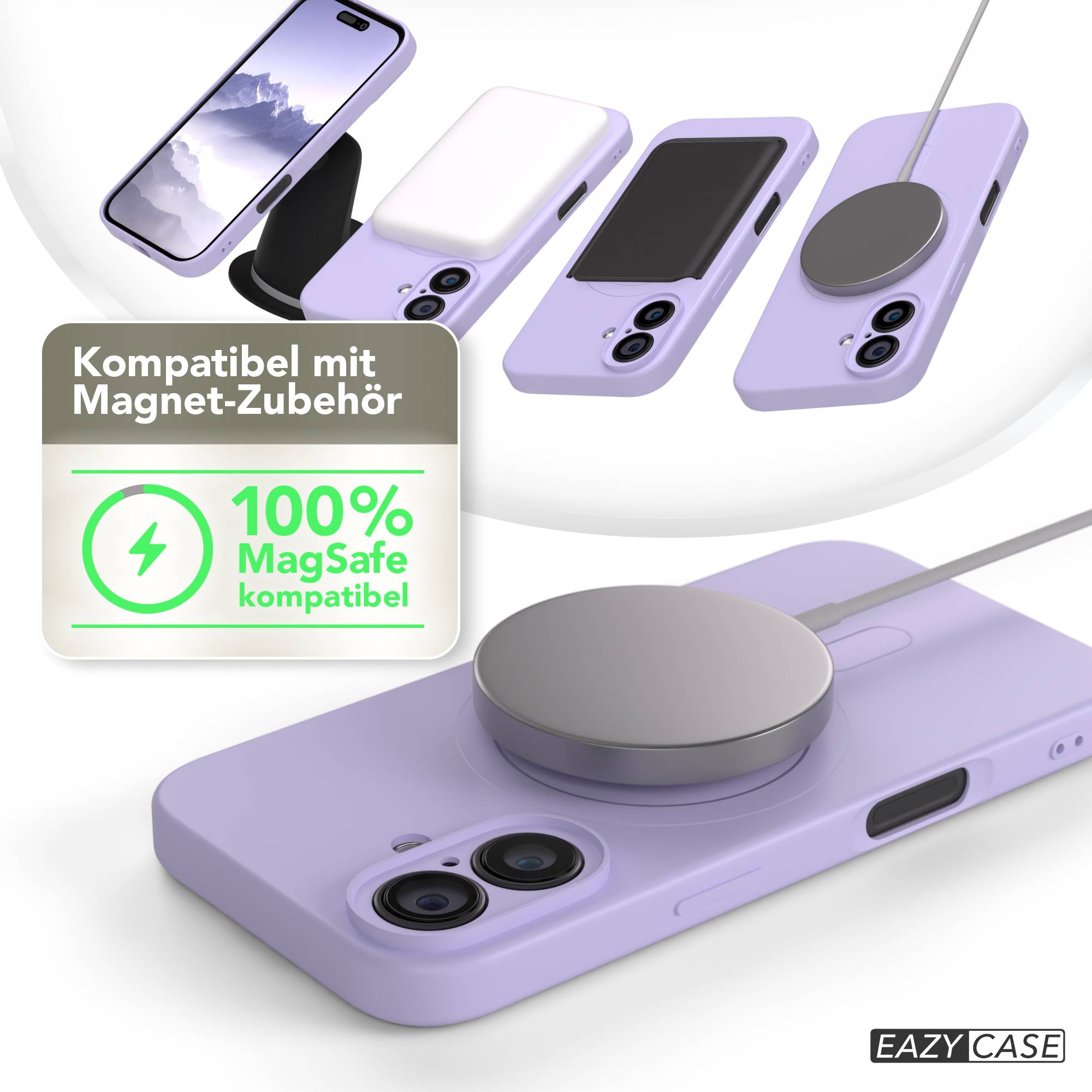 Das Bild zeigt verschiedene Handyhüllen, ein MagSafe-Ladegerät und ein Schild, das die Kompatibilität anzeigt. Die Hüllen sind lila. Das Ladegerät ist silber.