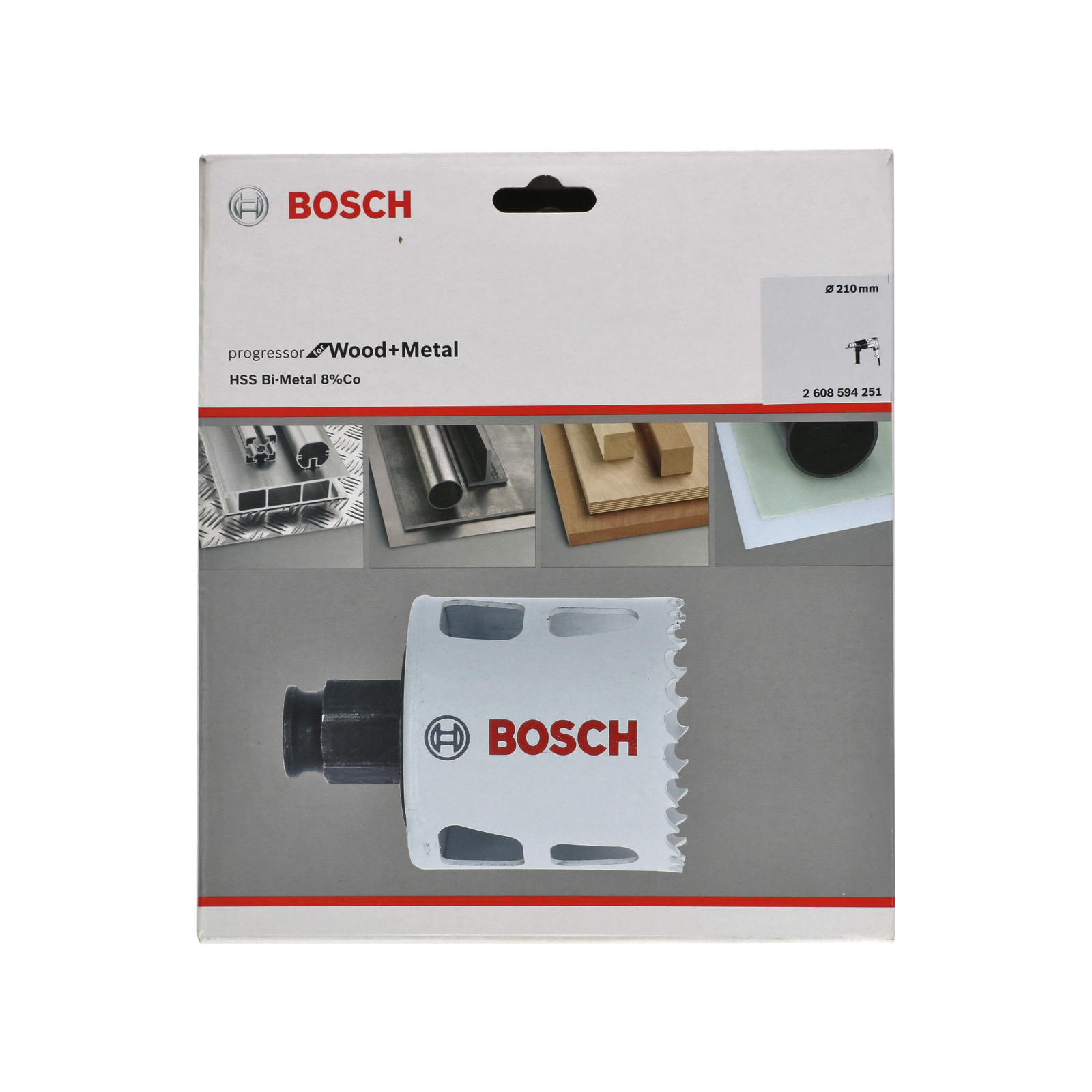 Bosch Lochsägen-Verpackung. Weiße und rote Farben. Enthält Bilder von Materialien und der Säge selbst.