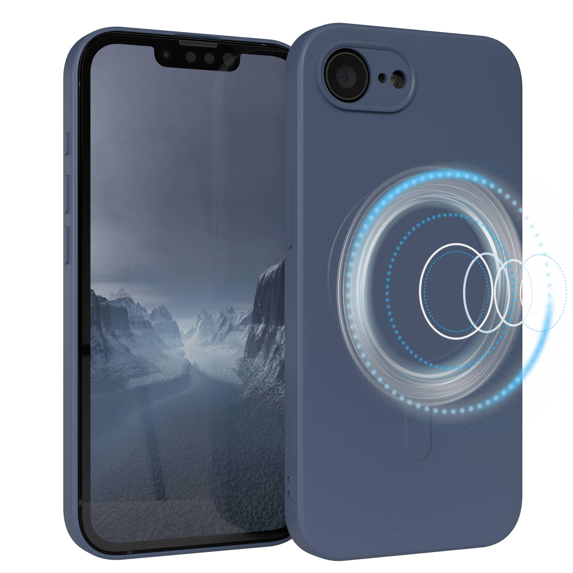 Eine blaue Handyhülle mit einem Telefon darin. Der Hintergrund zeigt eine Berglandschaft.