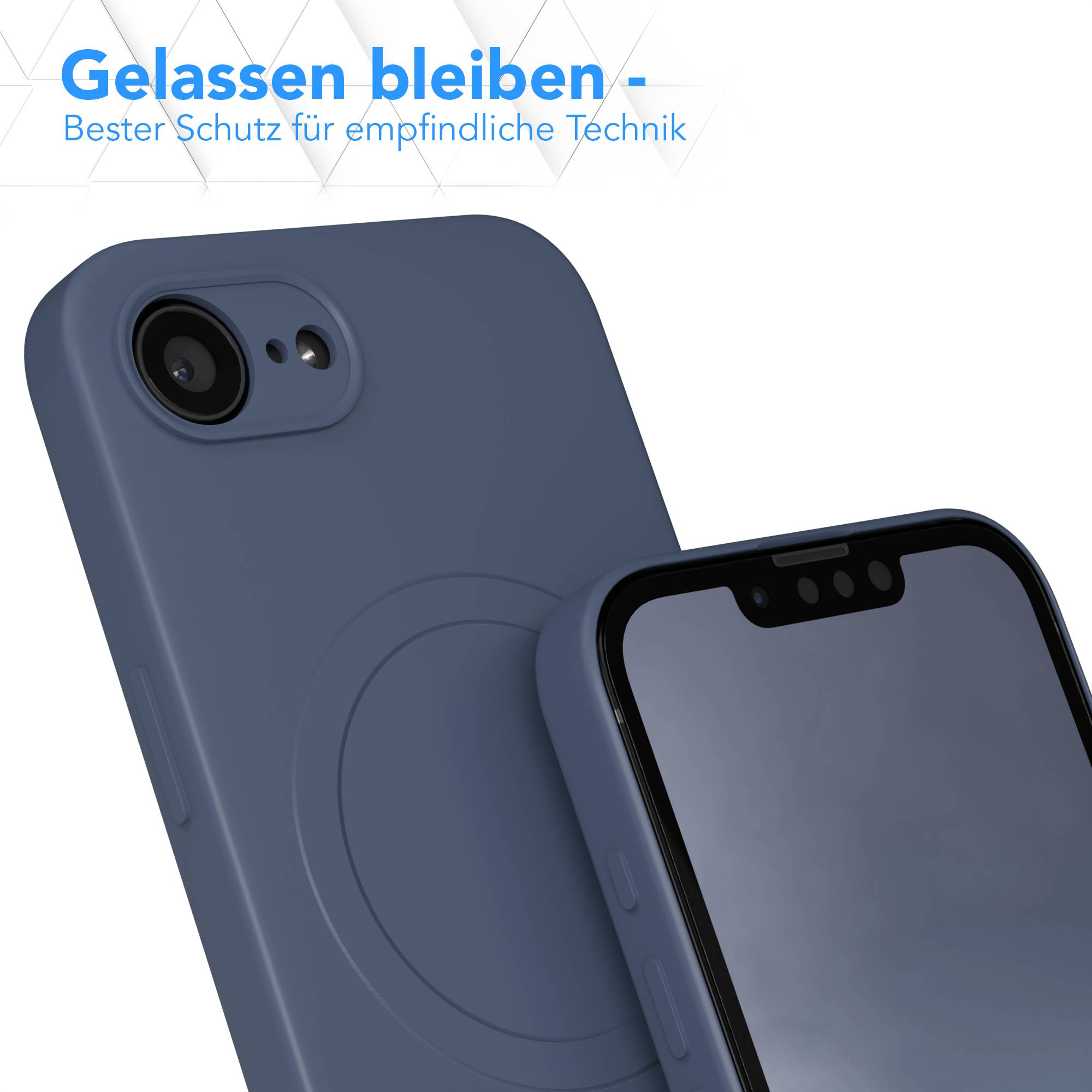 Eine blaue Handyhülle und ein Telefon werden angezeigt. Die Hülle hat einen Kameraausschnitt. Der Telefondisplay zeigt den Betrachter.