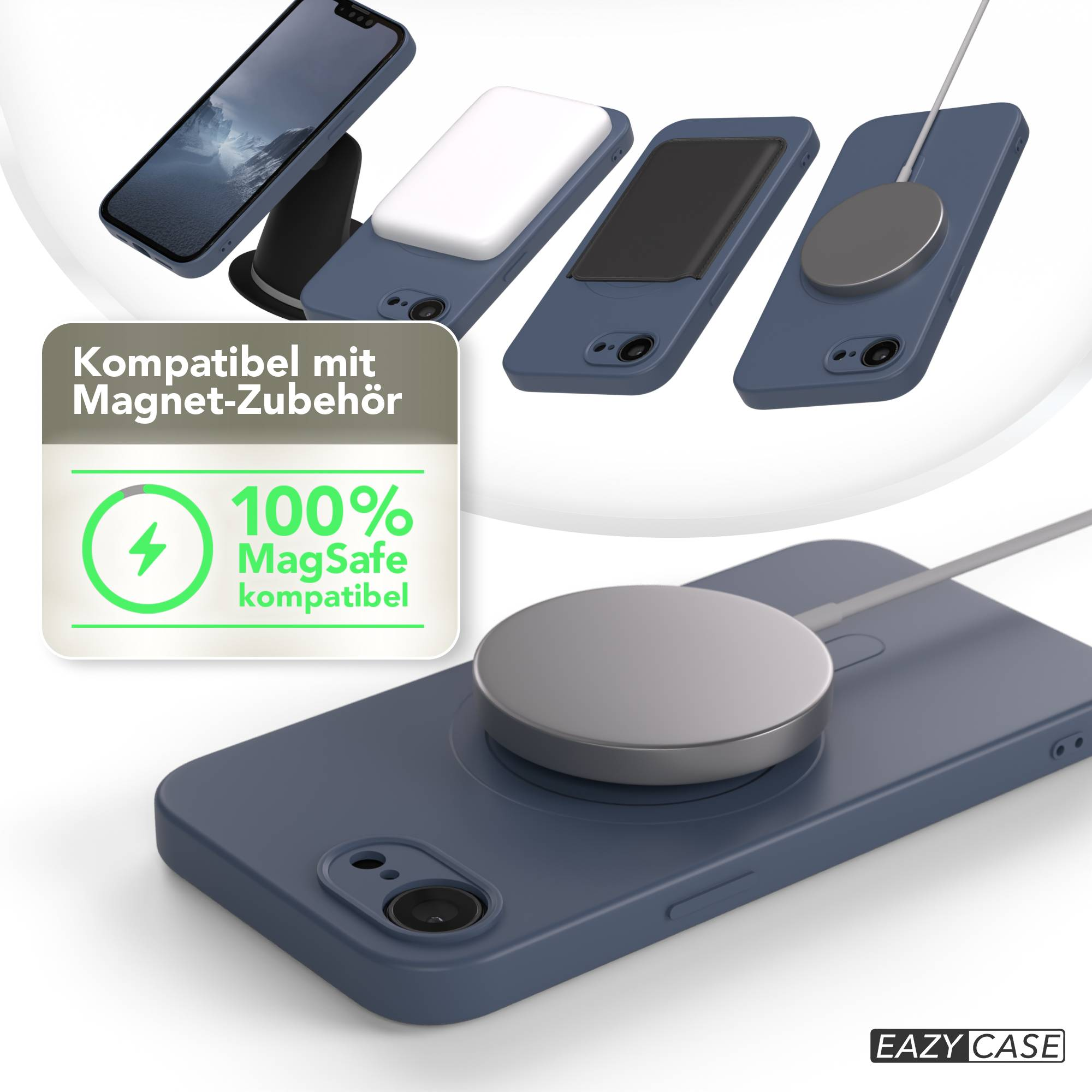 Das Bild zeigt mehrere Telefone mit Hüllen und MagSafe-Zubehör. Ein Schild sagt: '100% MagSafe-kompatibel'.