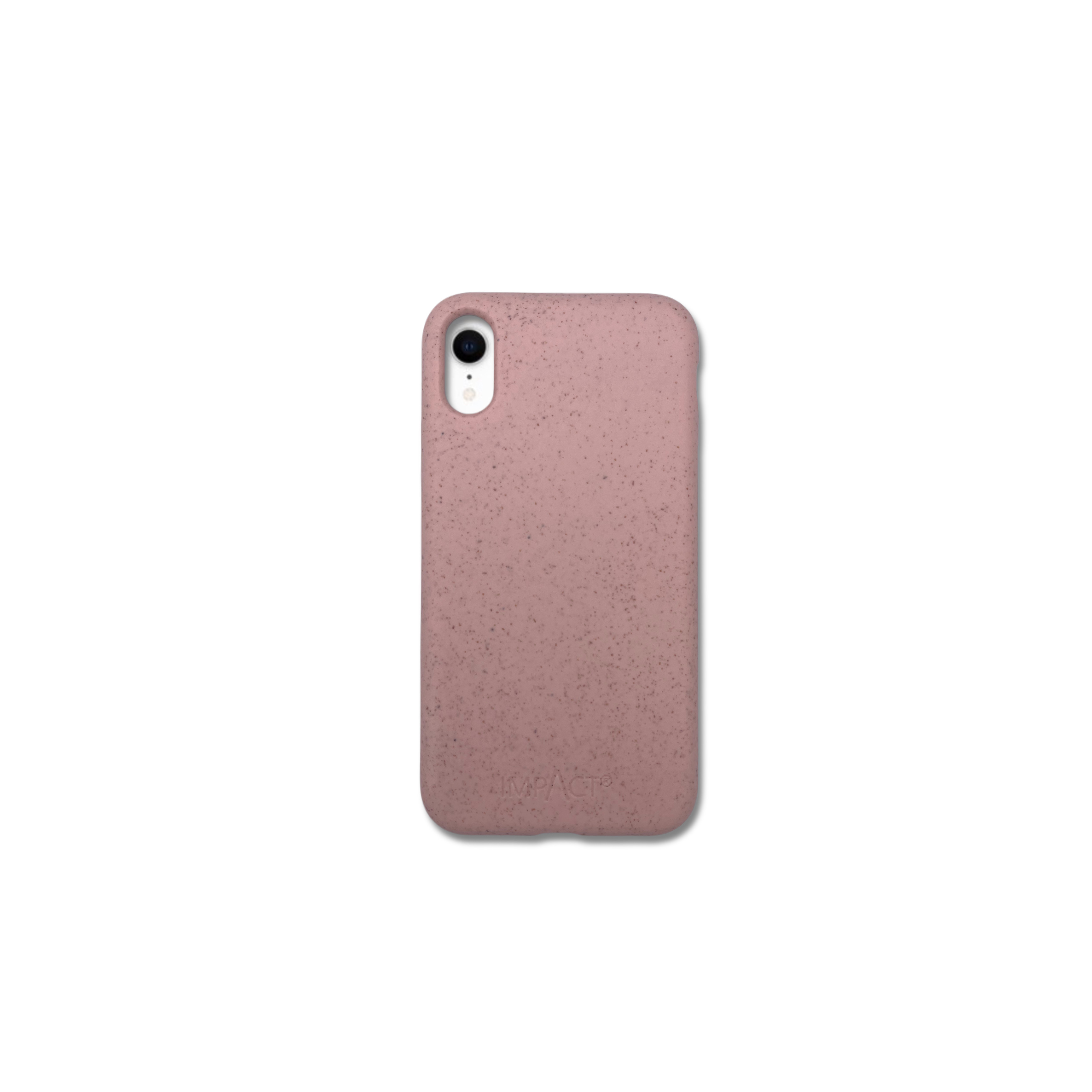 Una custodia per telefono rosa chiaro con macchie. Ha un ritaglio per la fotocamera e la parola IMPACT.