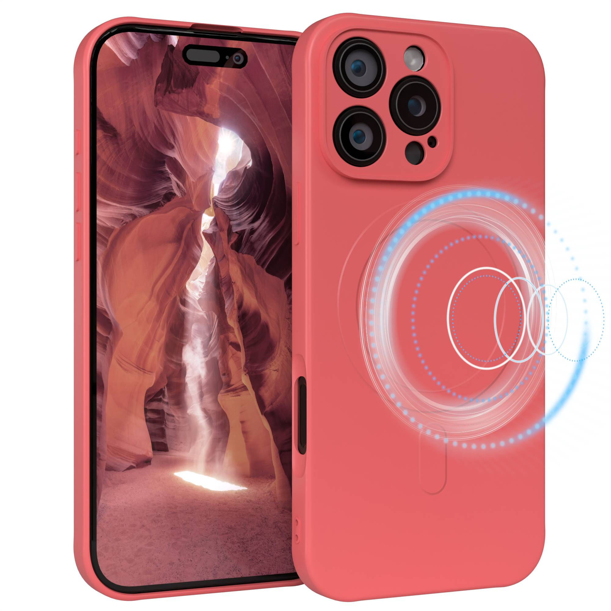 Eine korallenfarbene Handyhülle mit einem Handy darin. Das Telefon zeigt eine Canyon-Landschaft. Die Hülle hat ein kreisförmiges Design.