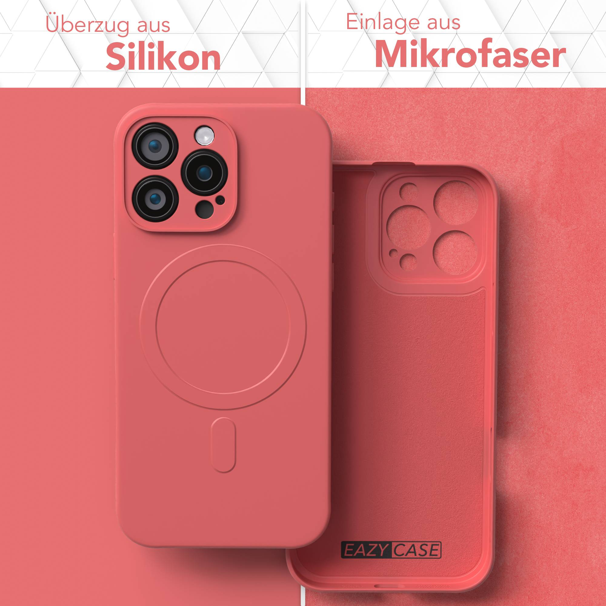 Zwei rosa Handyhüllen. Eine ist geschlossen, die andere offen und zeigt die Innenseite. Der Hintergrund ist ebenfalls rosa.