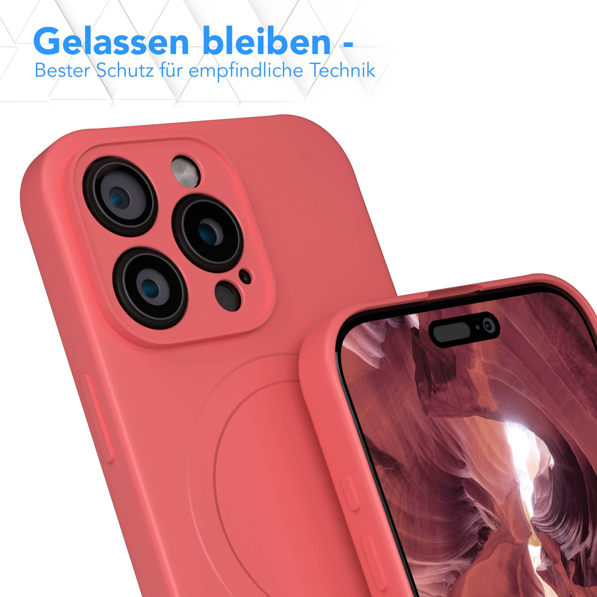 Nahaufnahme einer korallenfarbenen Handyhülle mit Kameralinsen und einem Telefon. Text lautet 'Gelassen bleiben...'
