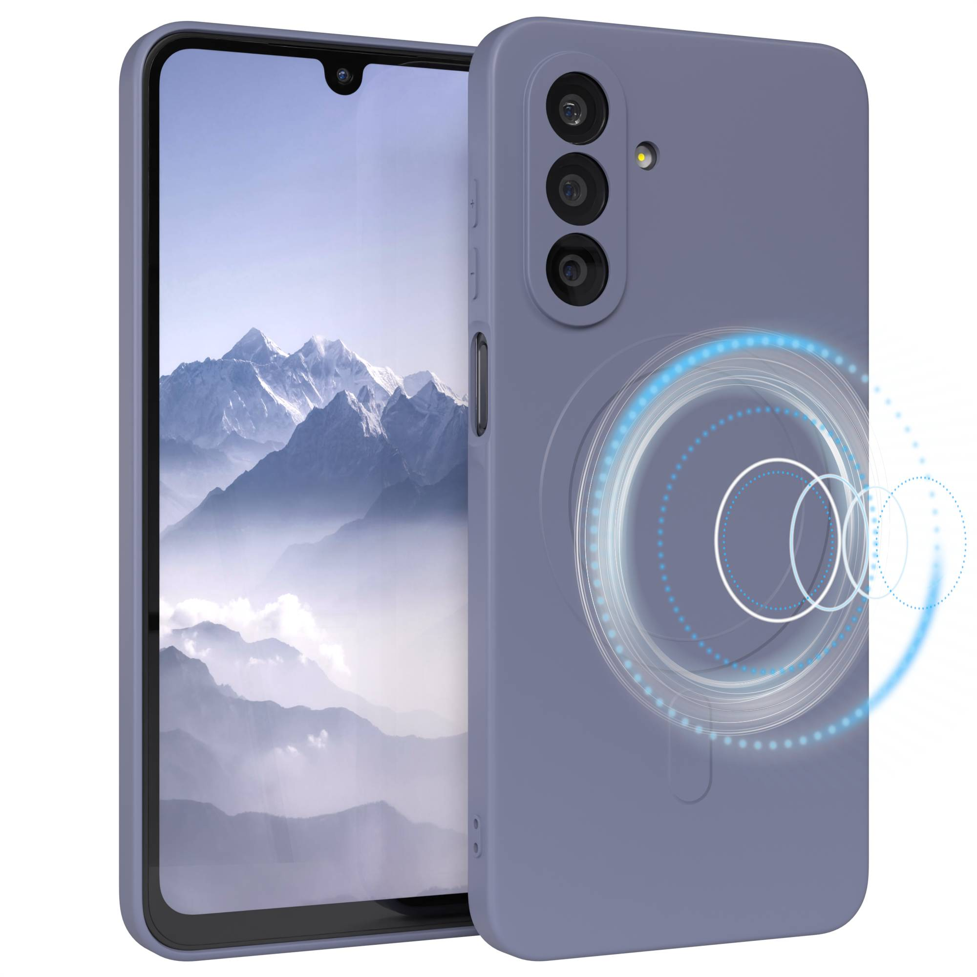 Ein Telefon in einer lila Hülle. Der Bildschirm zeigt eine Berglandschaft. Die Hülle hat Kameralinsen und ein kreisförmiges Design.