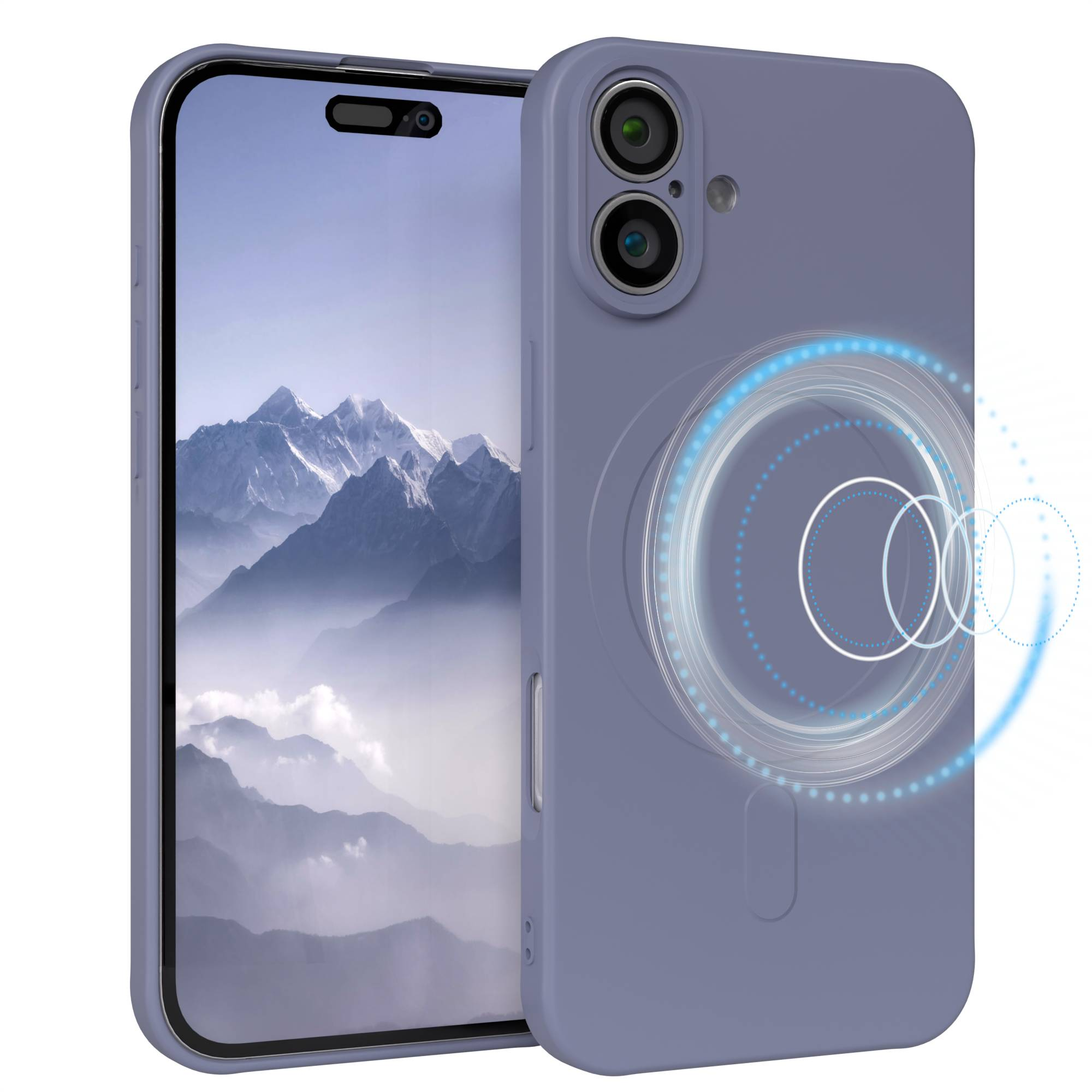 Ein Telefon in einer lilafarbenen Hülle wird gezeigt. Der Telefonbildschirm zeigt eine Berglandschaft. Ein leuchtender Kreis ist auf der Hülle.