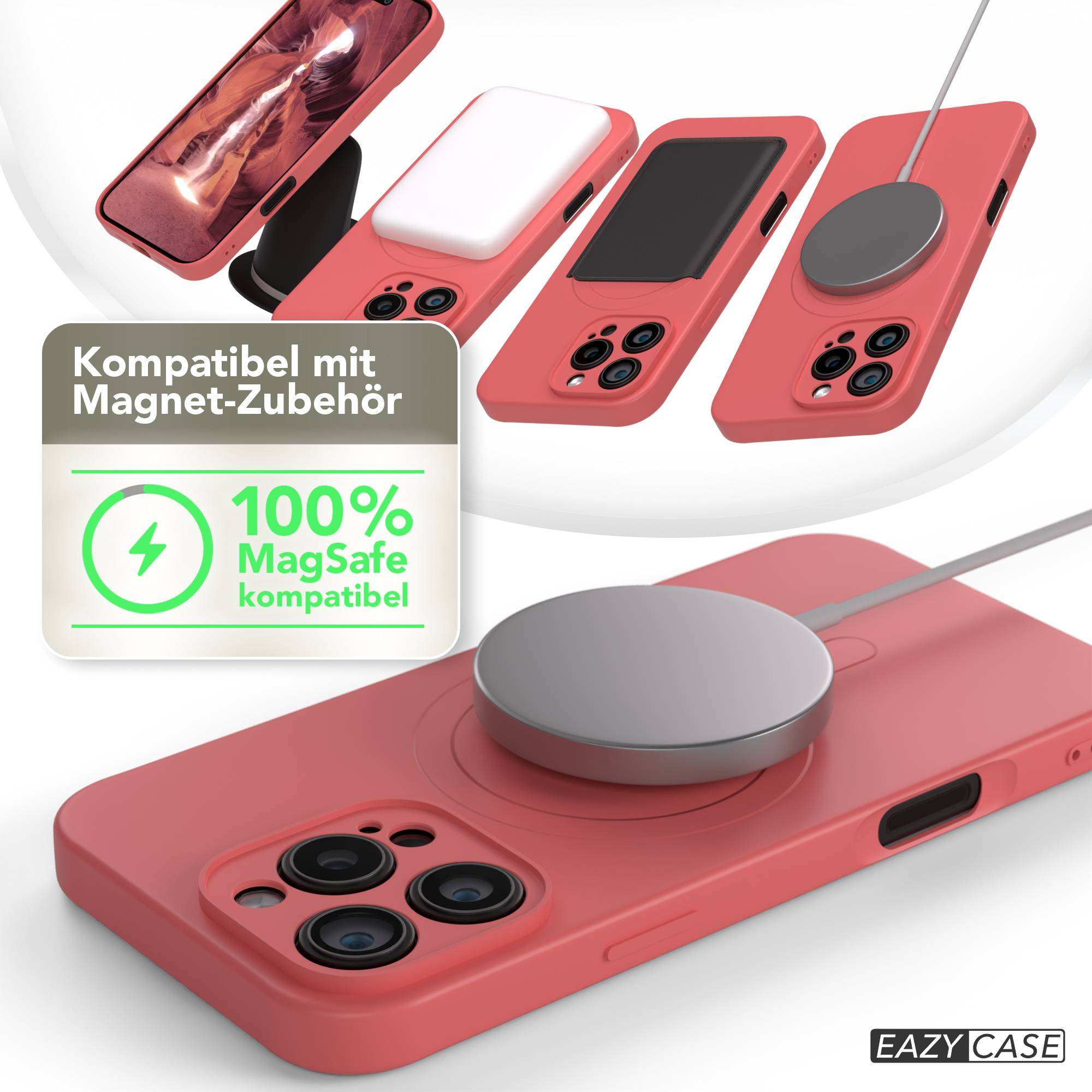 Rote Handyhüllen mit MagSafe-Zubehör werden angezeigt. Ein grünes Logo weist auf Kompatibilität hin. Der Markenname lautet EAZY CASE.