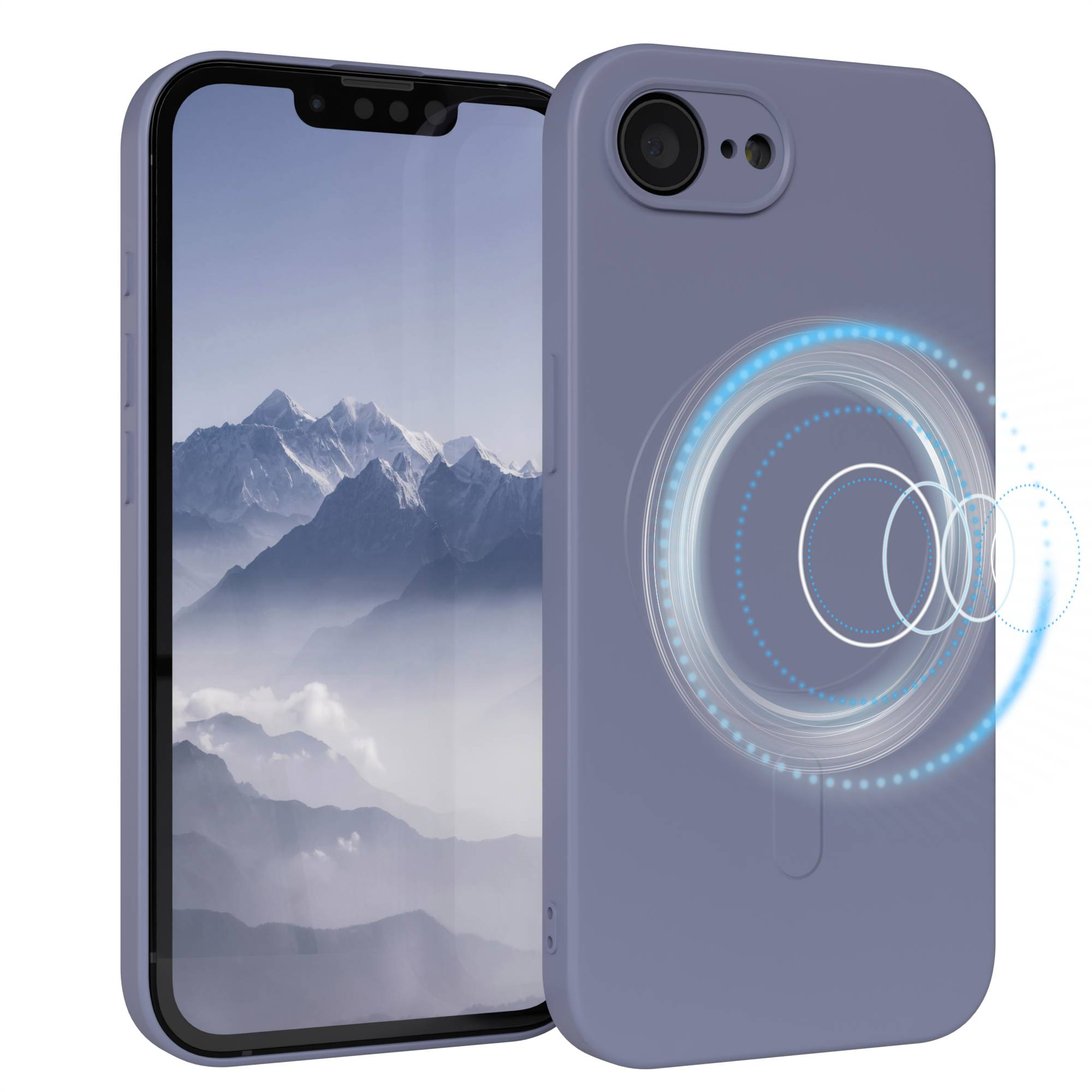 Ein Telefon in einem lavendelfarbenen Gehäuse mit einer Berglandschaft auf dem Bildschirm. Ein leuchtendes Kreisdesign ist auf dem Gehäuse.