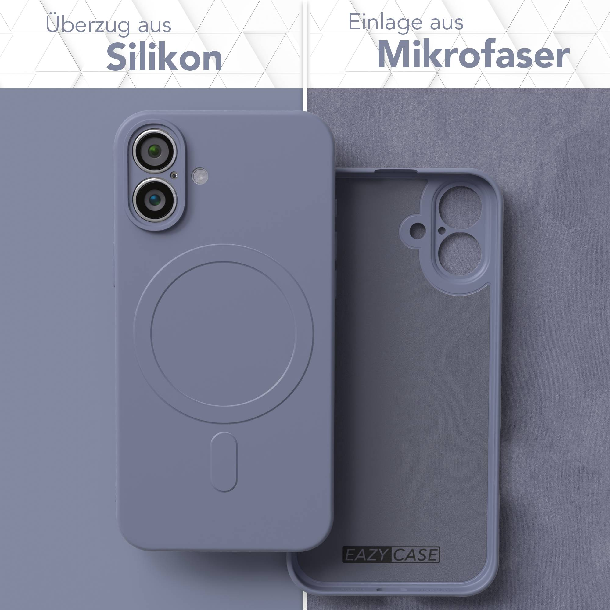Eine Handyhülle zeigt eine Silikonaußenseite und eine Mikrofaserinnenseite. Die Hülle ist blau und der Hintergrund ist neutral.