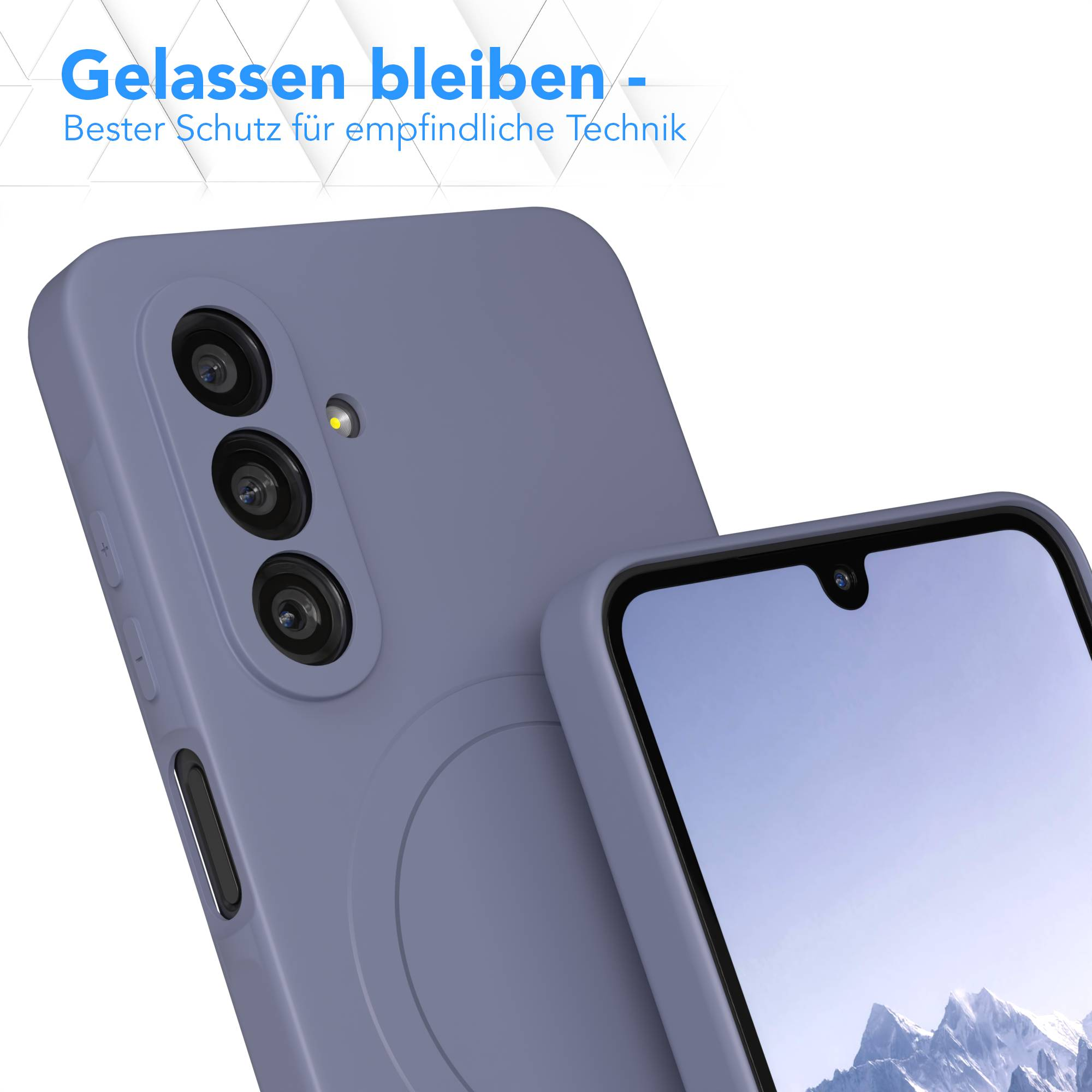 Zwei Telefone in Schutzhüllen. Eines zeigt den Bildschirm, das andere hat Kameralinsen. Blaue Hüllen und weißer Hintergrund.