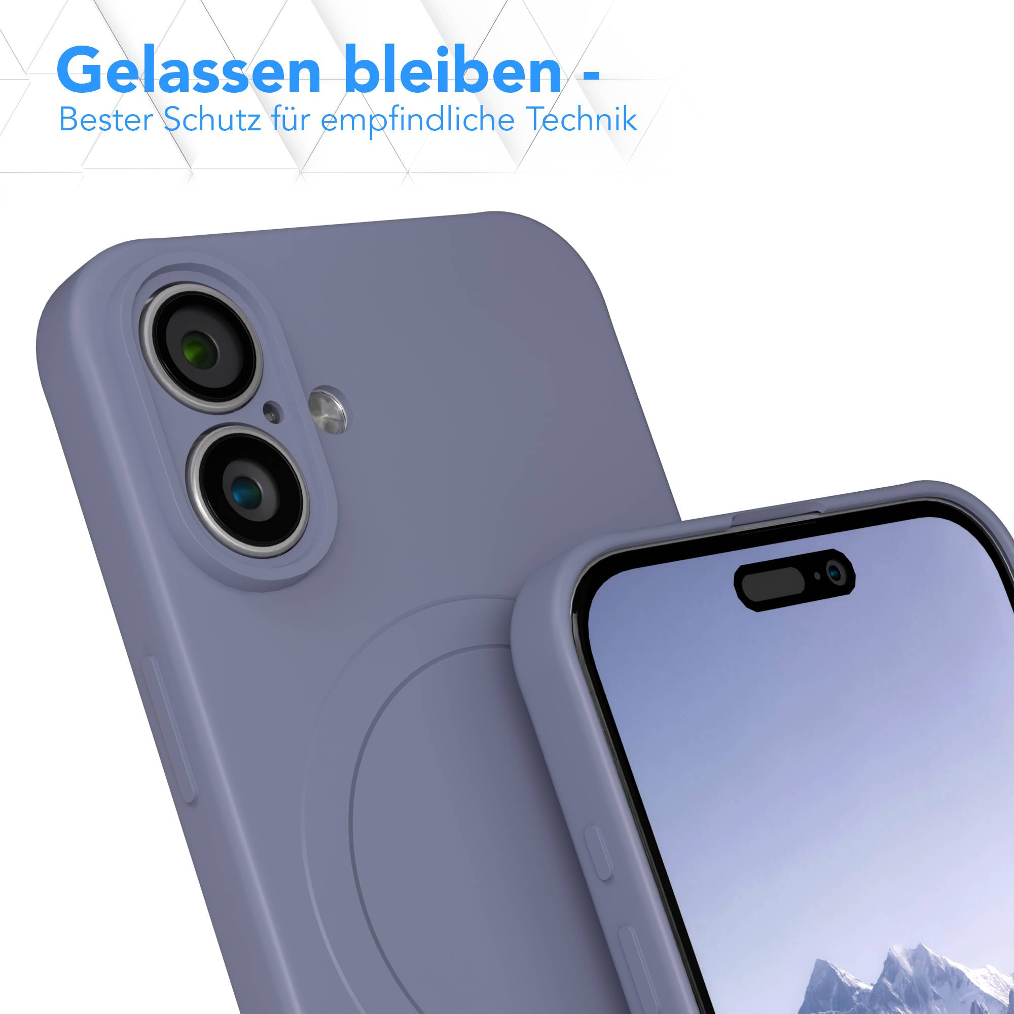 Ein Telefon in einem lila Gehäuse wird gezeigt. Die Kameralinsen des Telefons sind sichtbar. Oben steht "Gelassen bleiben".