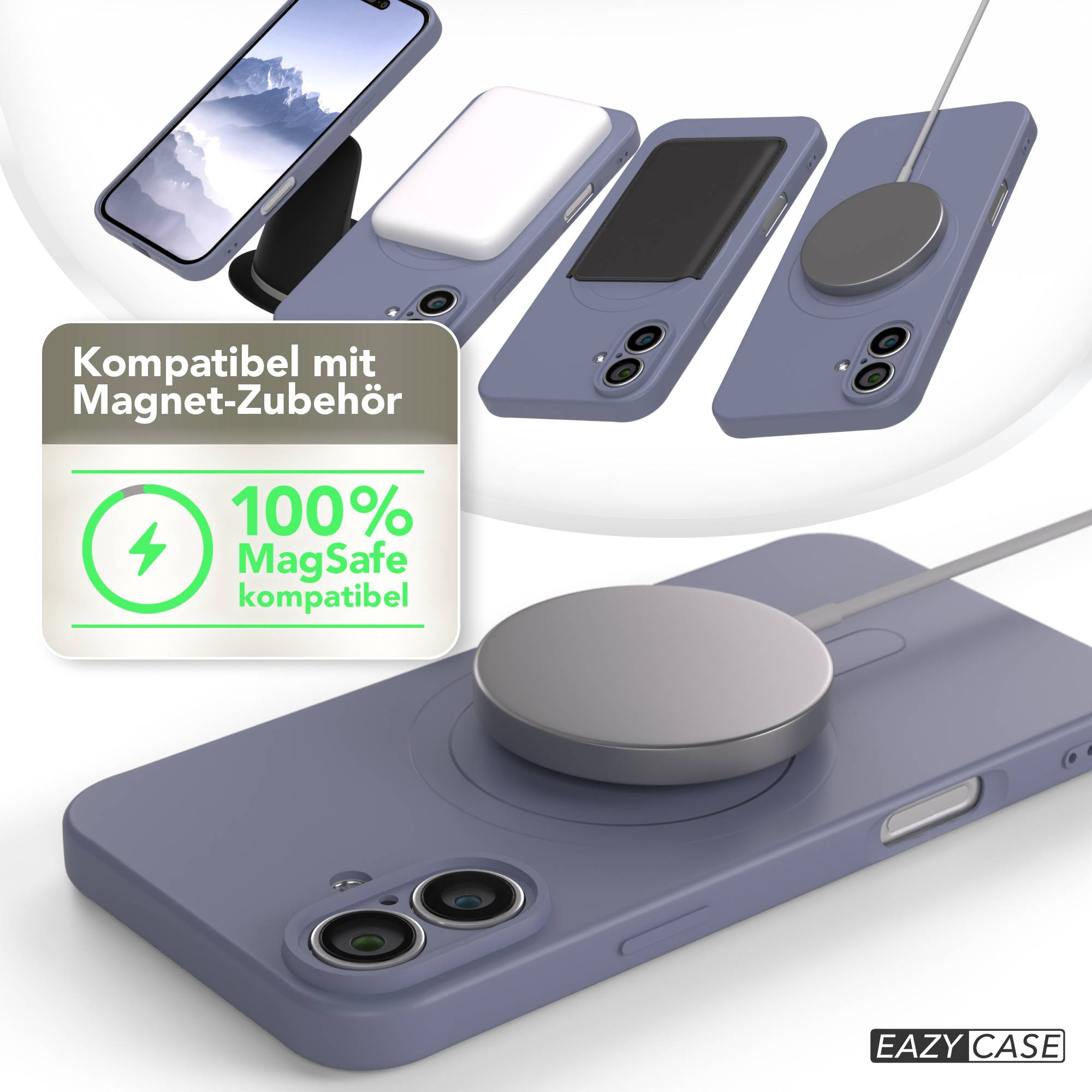 Bild zeigt Handyhüllen mit MagSafe-Zubehör. Hüllen sind blau, mit weißem und grauem Ladegerät. Text sagt 100% MagSafe kompatibel.