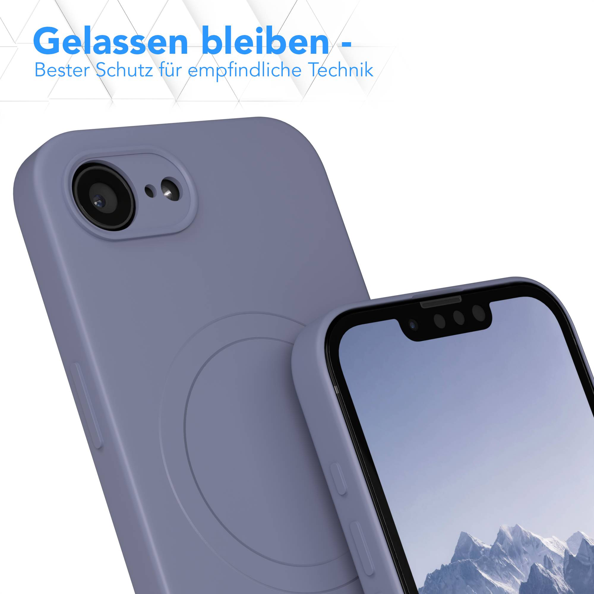 Nahaufnahme von zwei Handys in Hüllen. Die Hüllen sind helllila. Ein Handy zeigt eine Berglandschaft.