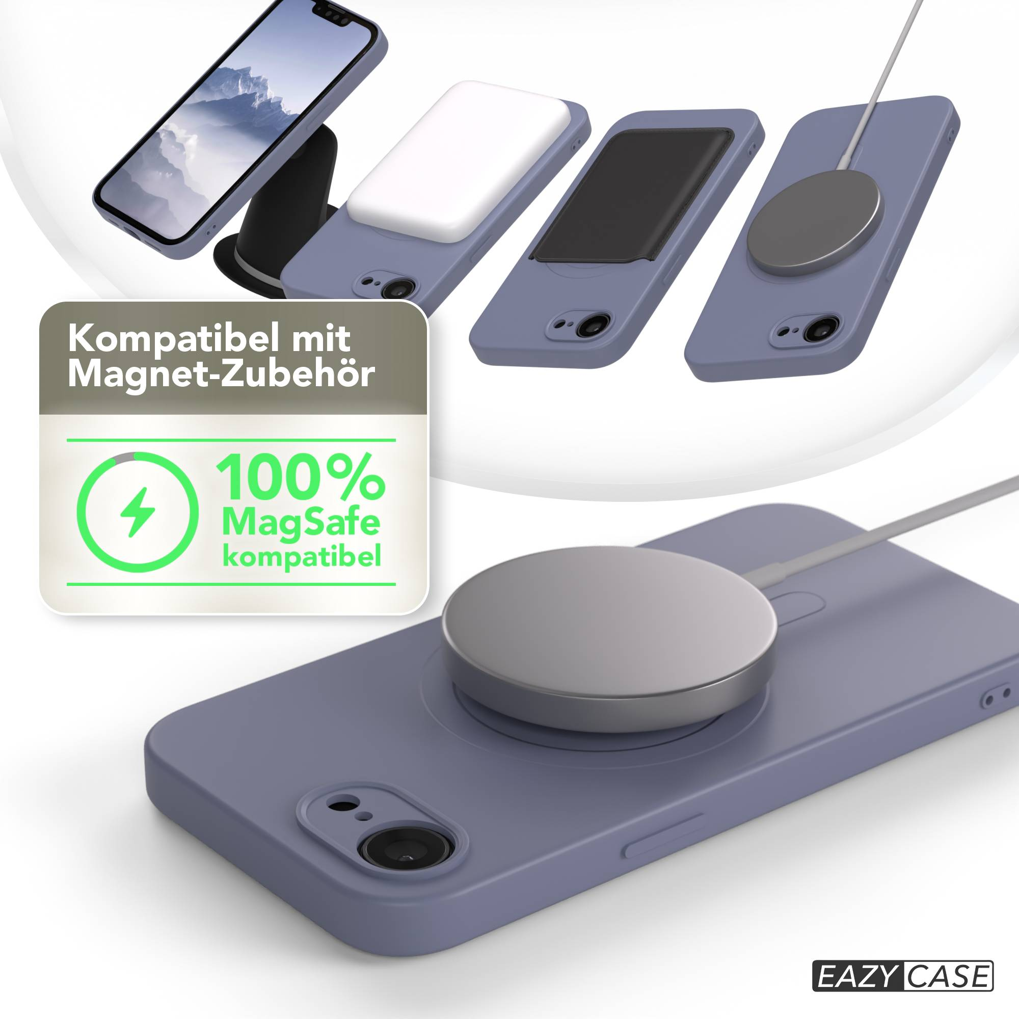 Das Bild zeigt Handyhüllen mit MagSafe-Zubehör. Ein Telefon steht auf einem Ständer. Text: 100% MagSafe kompatibel.