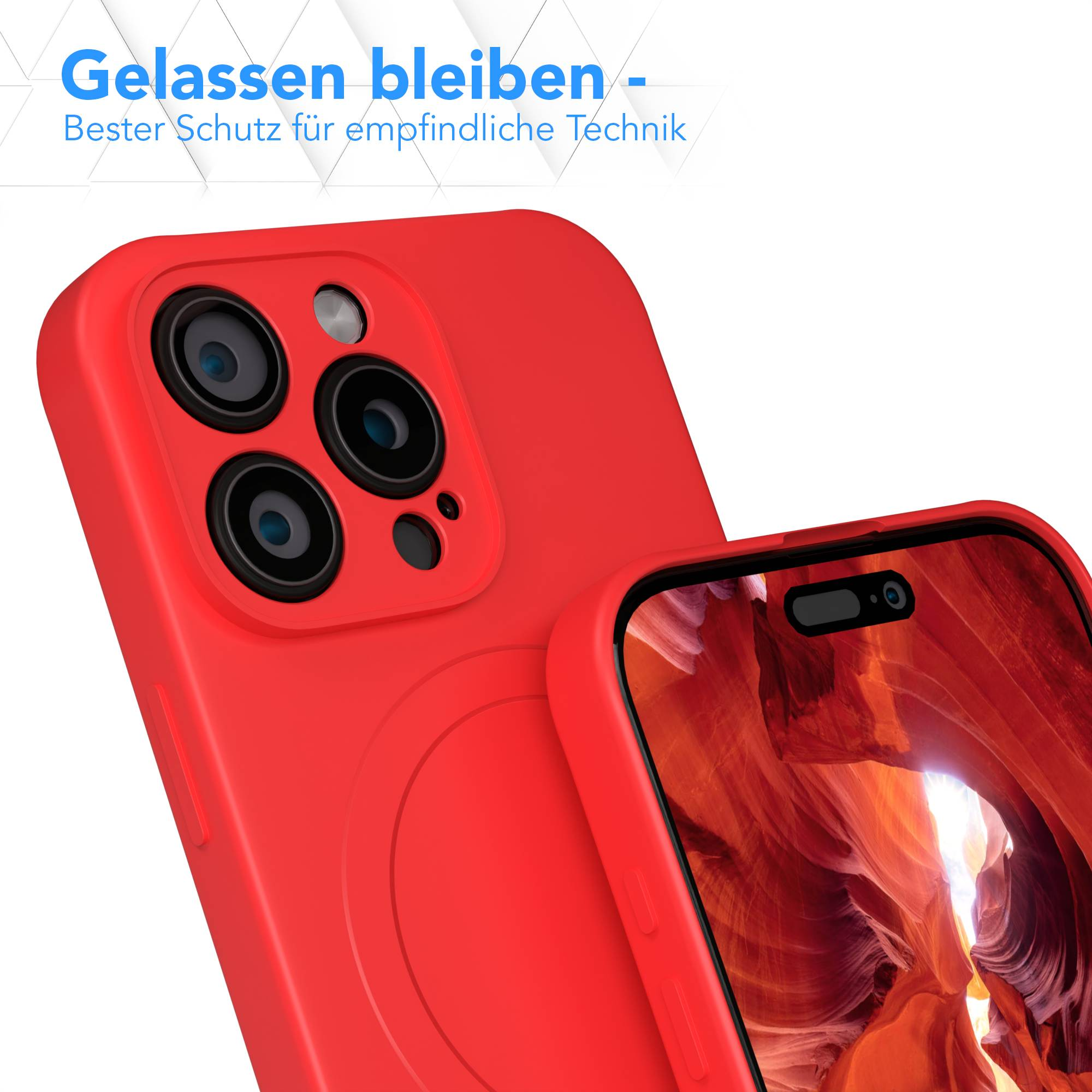Rote Handyhülle mit mehreren Kameralinsen. Handybildschirm sichtbar. Text auf Deutsch: „Gelassen bleiben - Bester Schutz...“