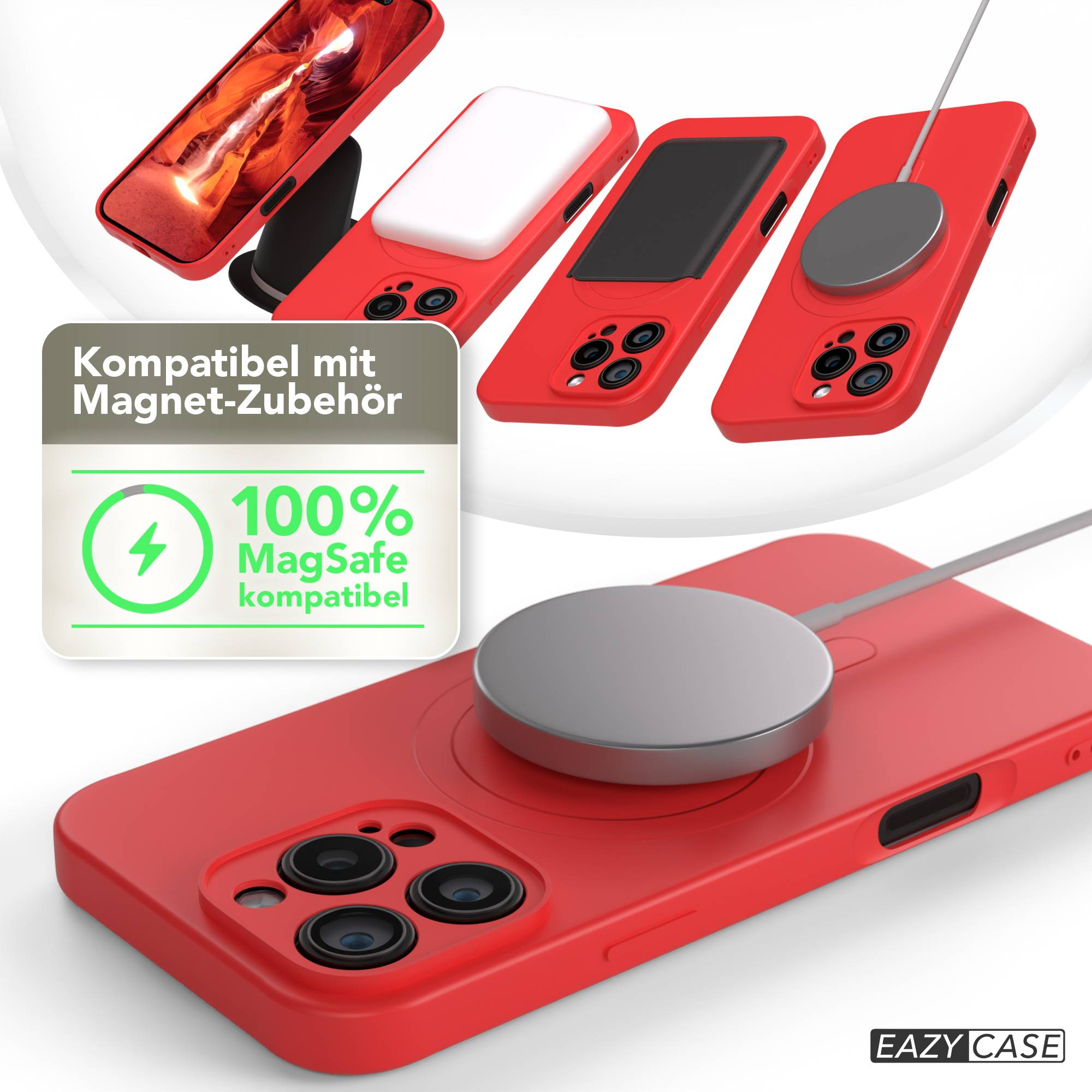 Rote Handyhüllen mit Zubehör, darunter ein Ladepad und ein Telefon mit Landschaftsbildschirm. Weißer Hintergrund.