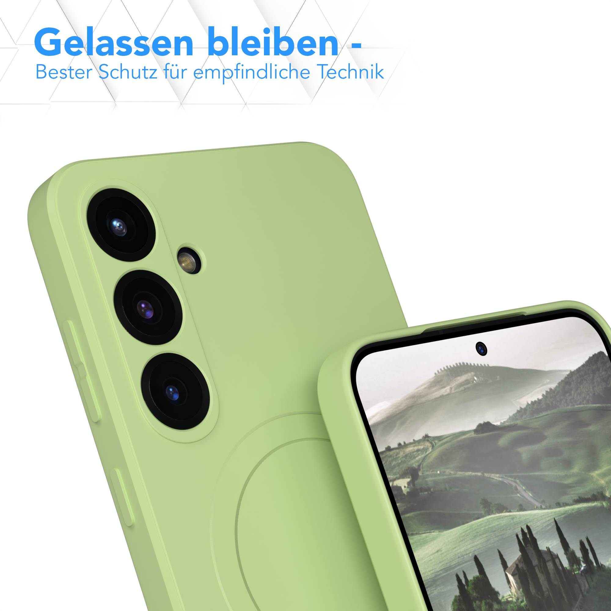 Gezeigt werden eine Handyhülle und ein Telefon. Die Handyhülle ist hellgrün. Der Telefonbildschirm hat ein Landschaftsbild.
