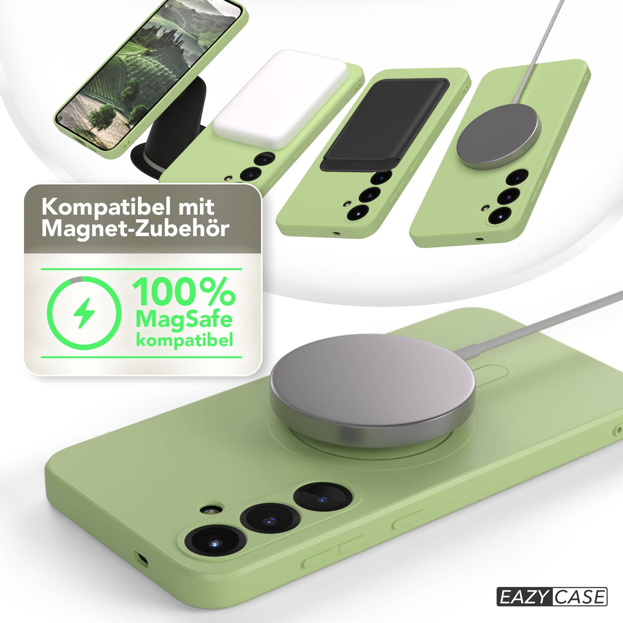 Grüne Handyhüllen mit MagSafe-Zubehör, darunter ein Ladegerät und eine Powerbank, werden gezeigt. Eine Grafik zeigt 100 % MagSafe-Kompatibilität an.