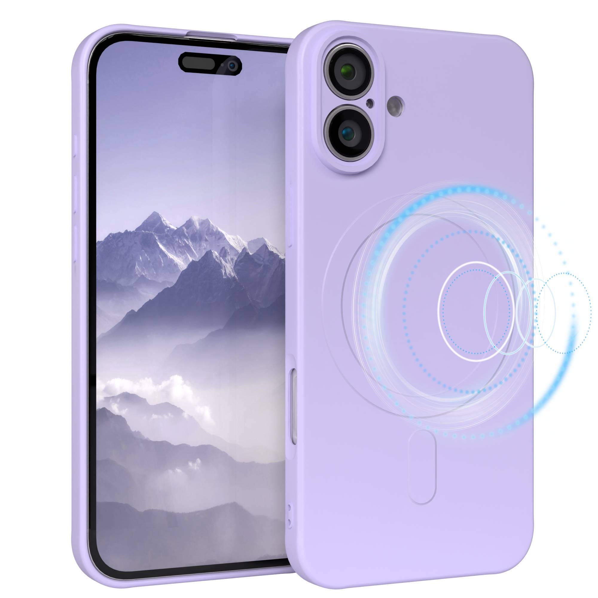 Ein Telefon mit lila Hülle. Der Bildschirm zeigt eine Berglandschaft. Die Hülle hat zwei Kameralinsen.
