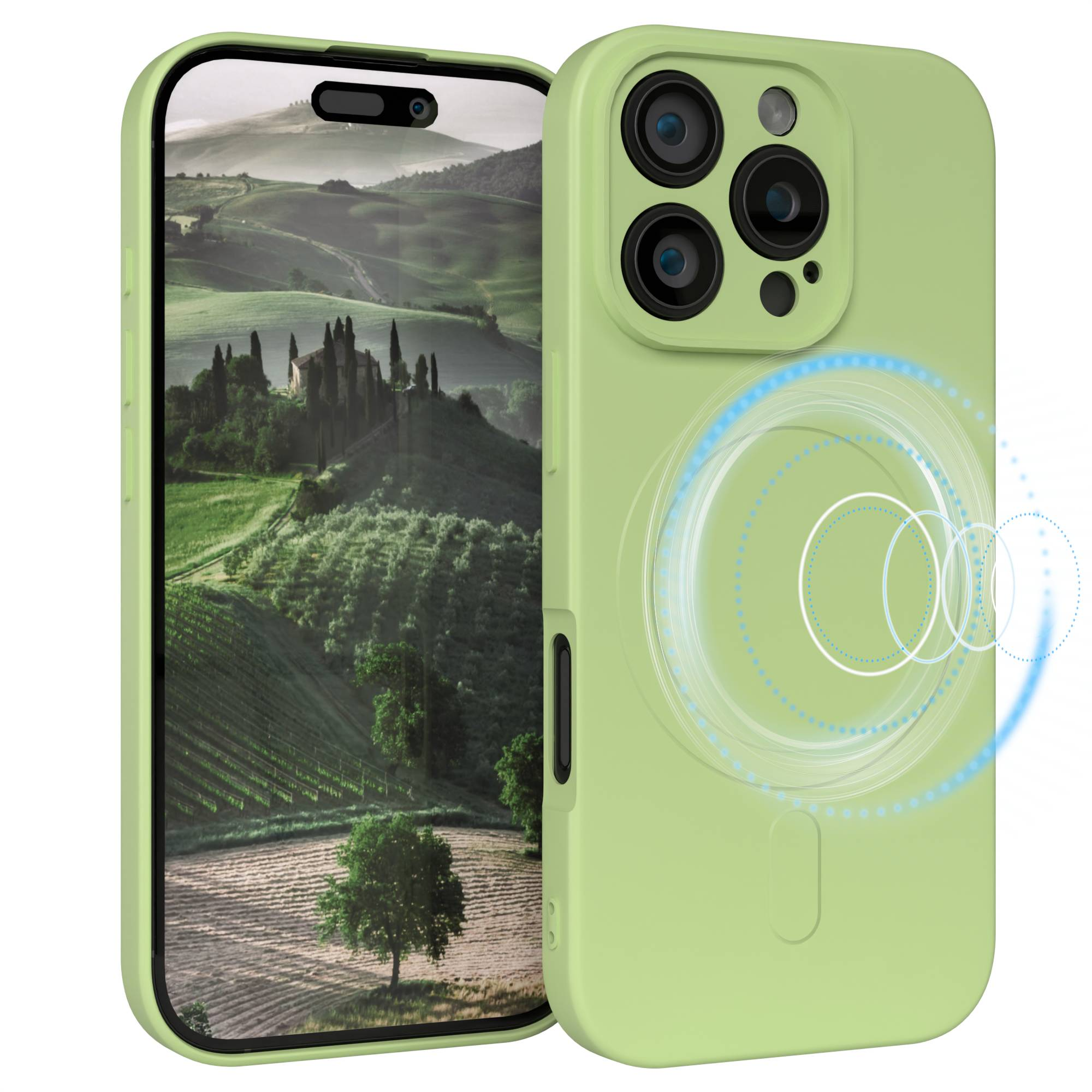 Telefon in grüner Hülle, mit Landschaftsanzeige. Die Hülle hat einen Kamerabereich mit drei Linsen und eine Magnetlade-Illustration.
