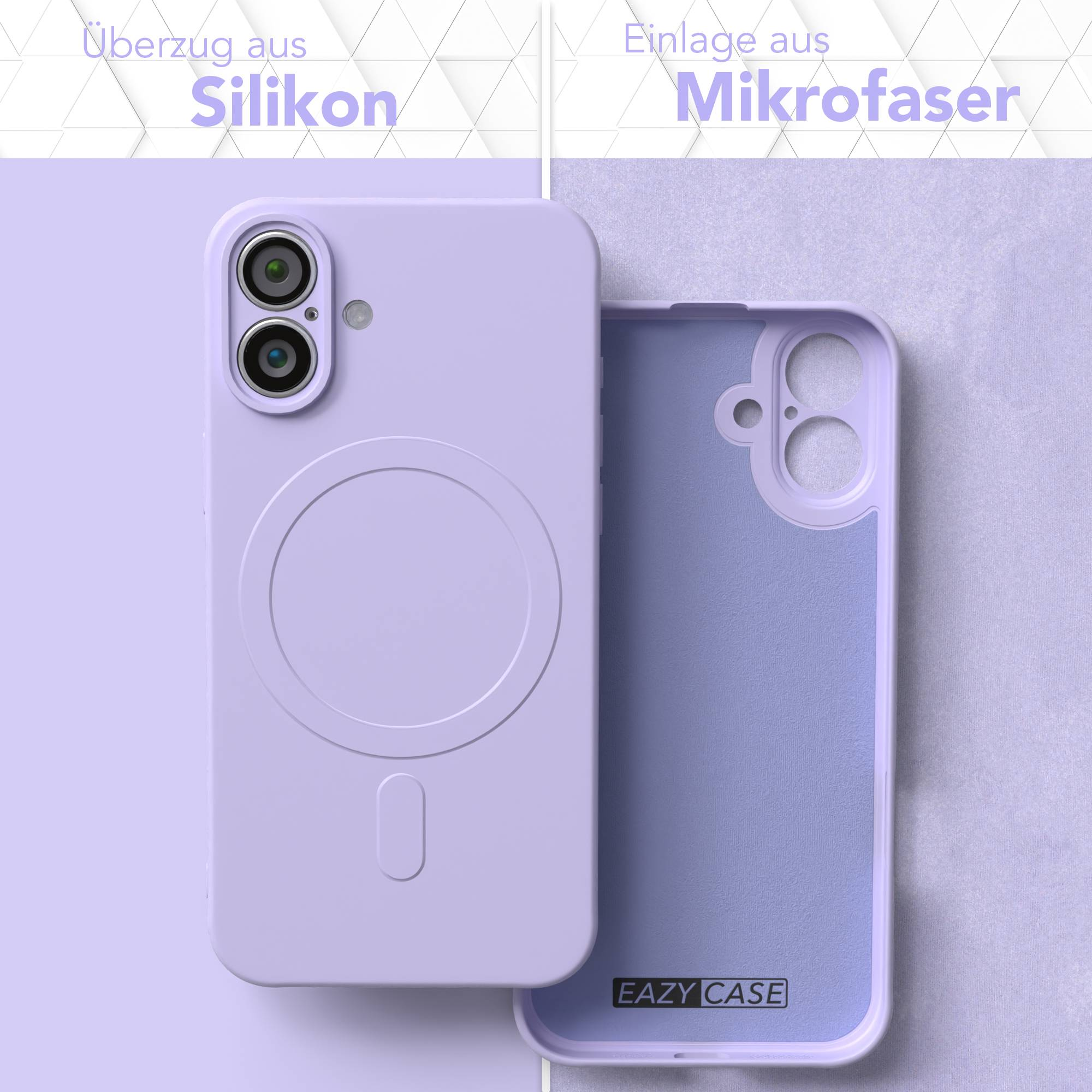 Eine lila Handyhülle mit Mikrofaser-Innenseite ist geöffnet, um ihr Inneres zu zeigen. Die Hülle ist mit 'EAZY CASE' beschriftet.