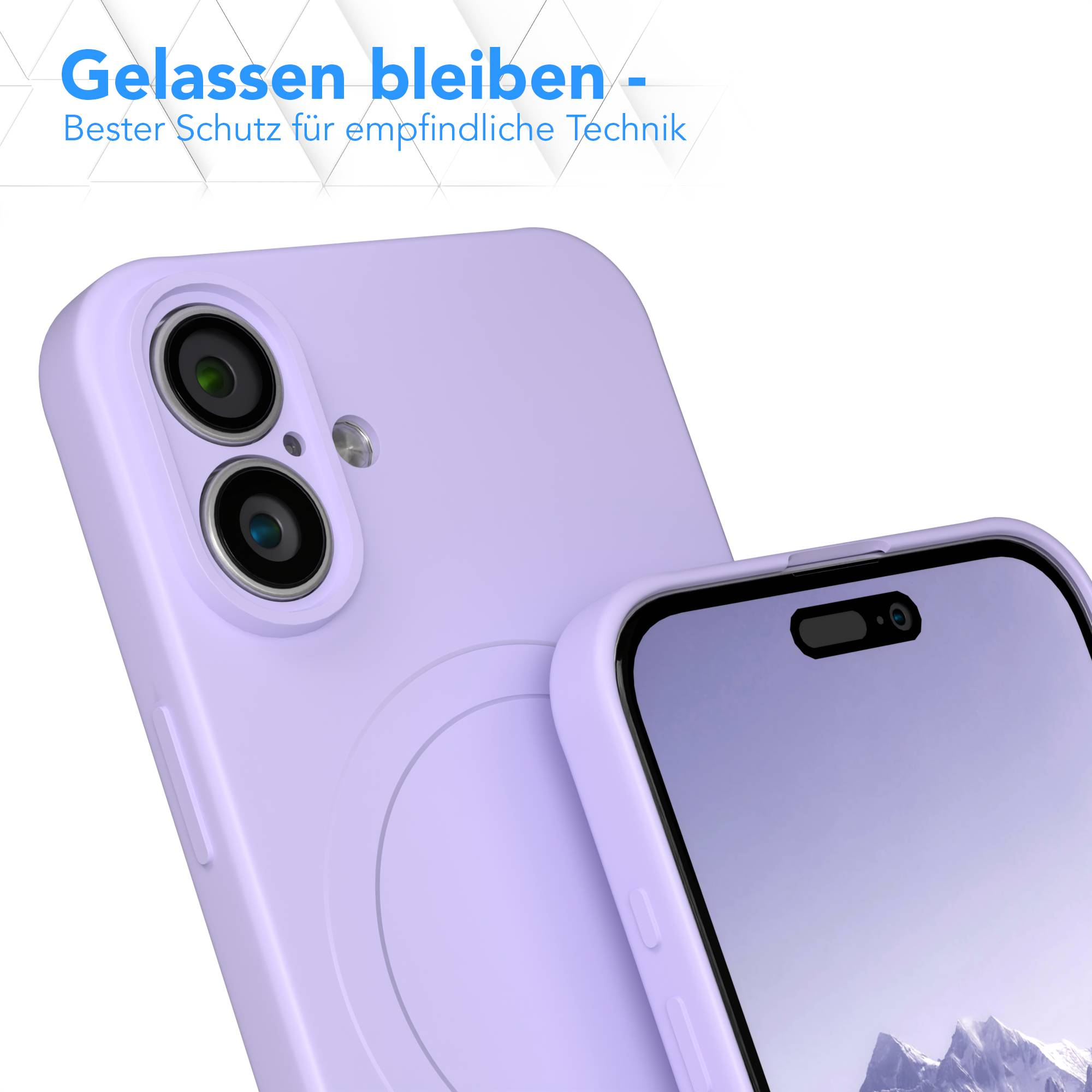 Eine lila Handyhülle mit einem Telefon darin. Die Hülle bedeckt die Kamera und den Bildschirm des Telefons. Text oben: 'Gelassen bleiben.'